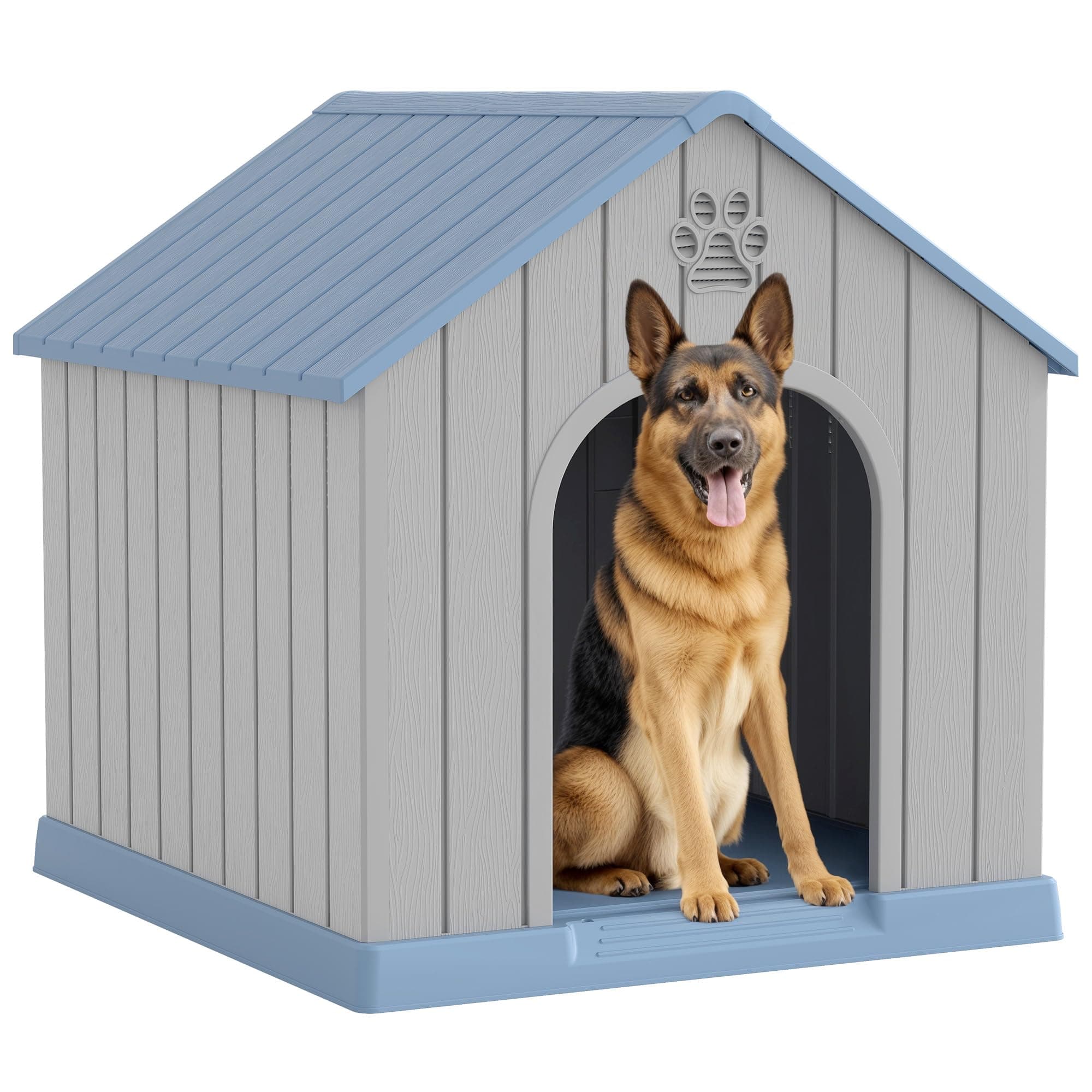 Fancyango Large Dog House Outdoor Indoor for Medium Large Dogs, Sturdy Plastic Waterproof Doghouse with Air Vents and Elevated Floor, Easy Clean and Assemble (Blue, 36.2''L×38''W×38''H)