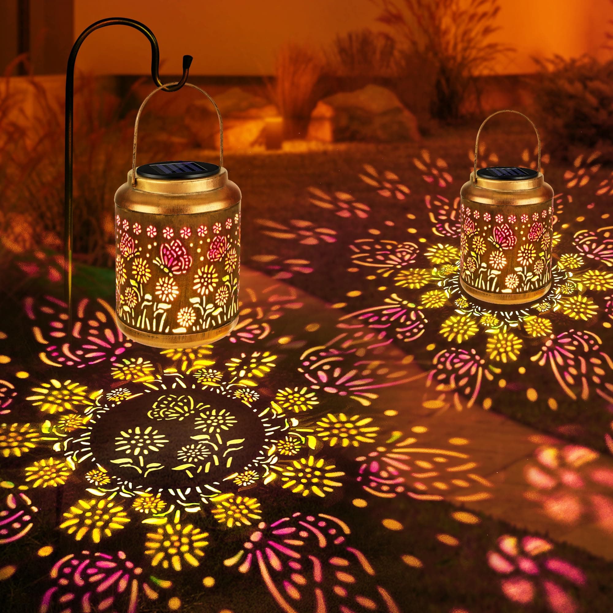 Brizled Butterfly Solar Lantern Lights with Colorful Projection, Christmas Birthday Gifts for Women Mom Grandma, Multicolor Hanging Lights Outdoor Waterproof, Solar Lantern Lights for Garden Patio