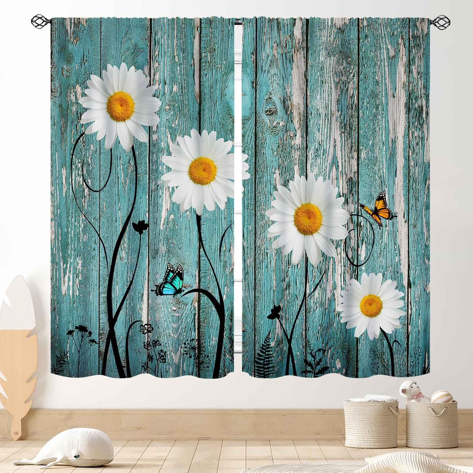 TKUYO Rustic Daisy Floral Curtains, Farmhouse Green Old Wooden Flower Retro Spring Butterfly Rural Country Style Window Curtains for Living Room Bedroom Kitchen Bathroom 2 Panels, 42"x54" Inch