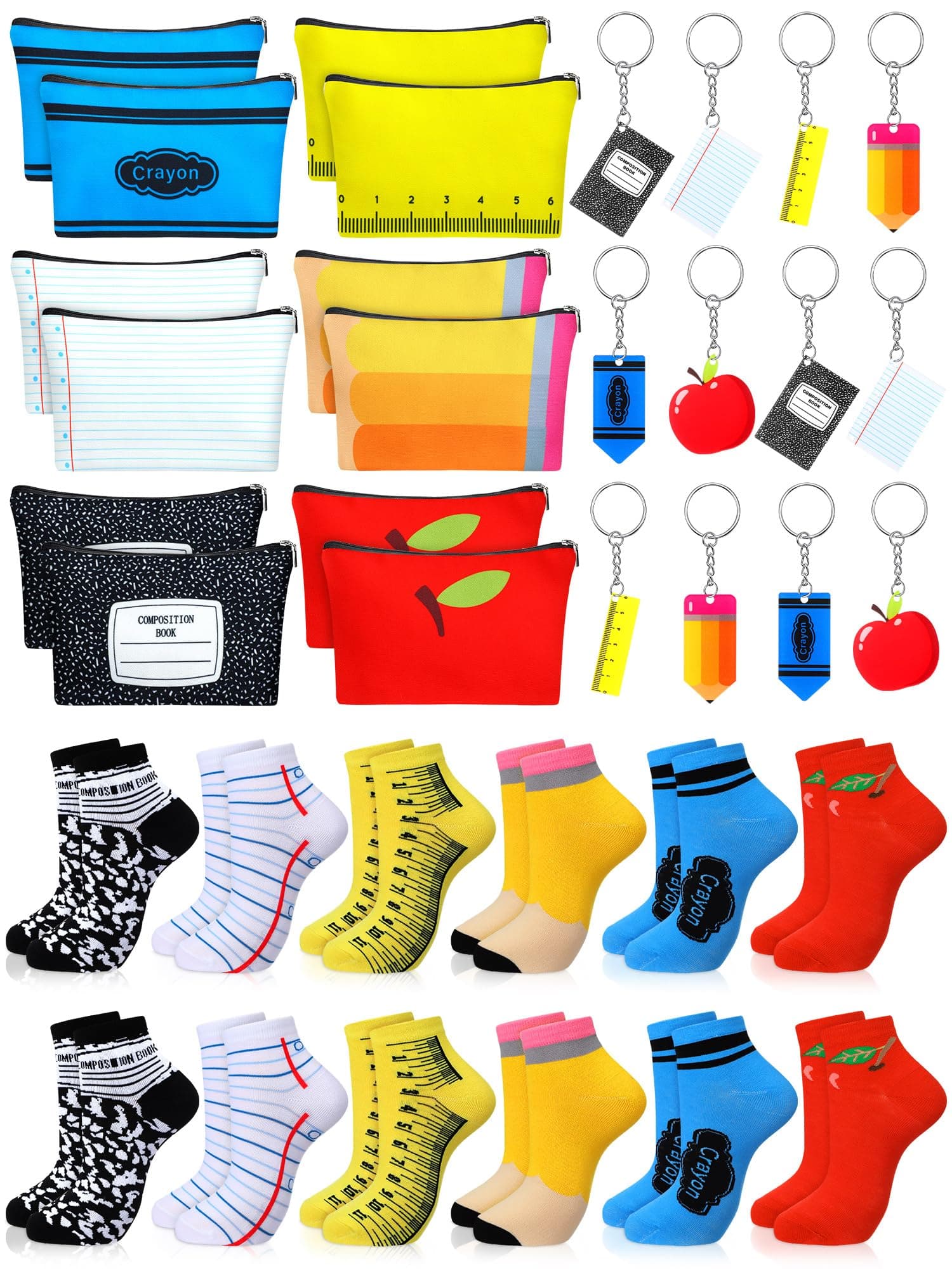 Skicuff 6/12/24/36 Sets Back to School Teacher Gifts with Ankle Sock Makeup Bag Keychain, First Day of School Teacher Gifts, Classic