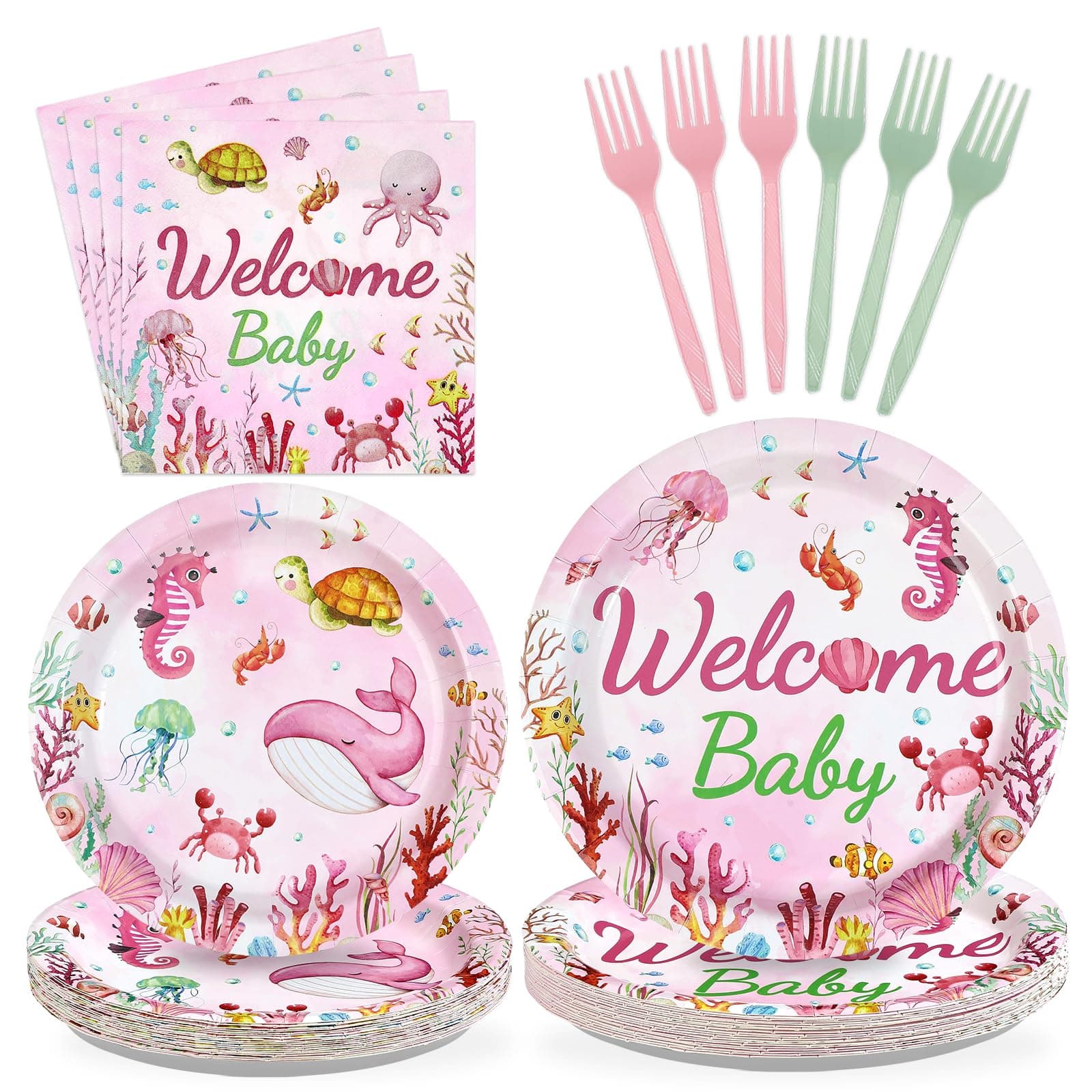 Greencian 96Pcs Pink Ocean Baby Shower Party Supplies Ocean Animals Plates and Napkins Pink Underwater Tableware Set for Girls Birthday Wedding Baby Shower Sea Animal Party Decoration Serves 24