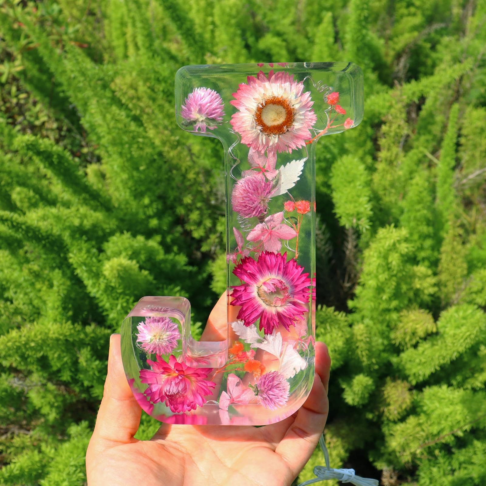 Sleeping Piggy Handmade Large Dried Floral Resin Night Light Letter with LED Lights for Women Girls Christmas Gifts (Letter J 6.3 Inch)