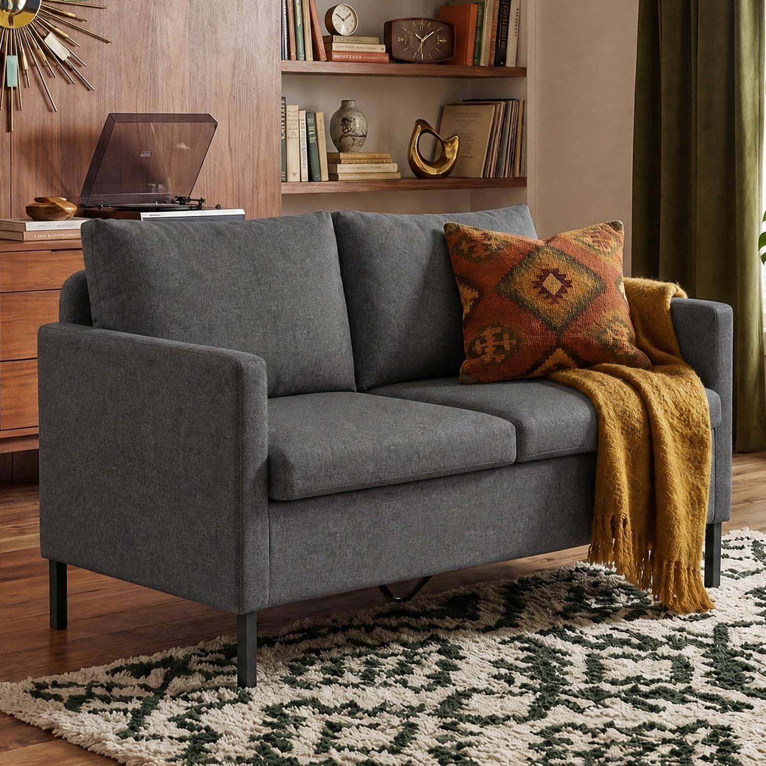 TYBOATLE Fabric Modern Small Loveseat Sofa Couch for Living Room, 51" W Upholstered 2-Seater Love Seats w/Iron Legs for Compact Small Space, Apartment, Bedroom, Dorm, Office (Dark Grey)