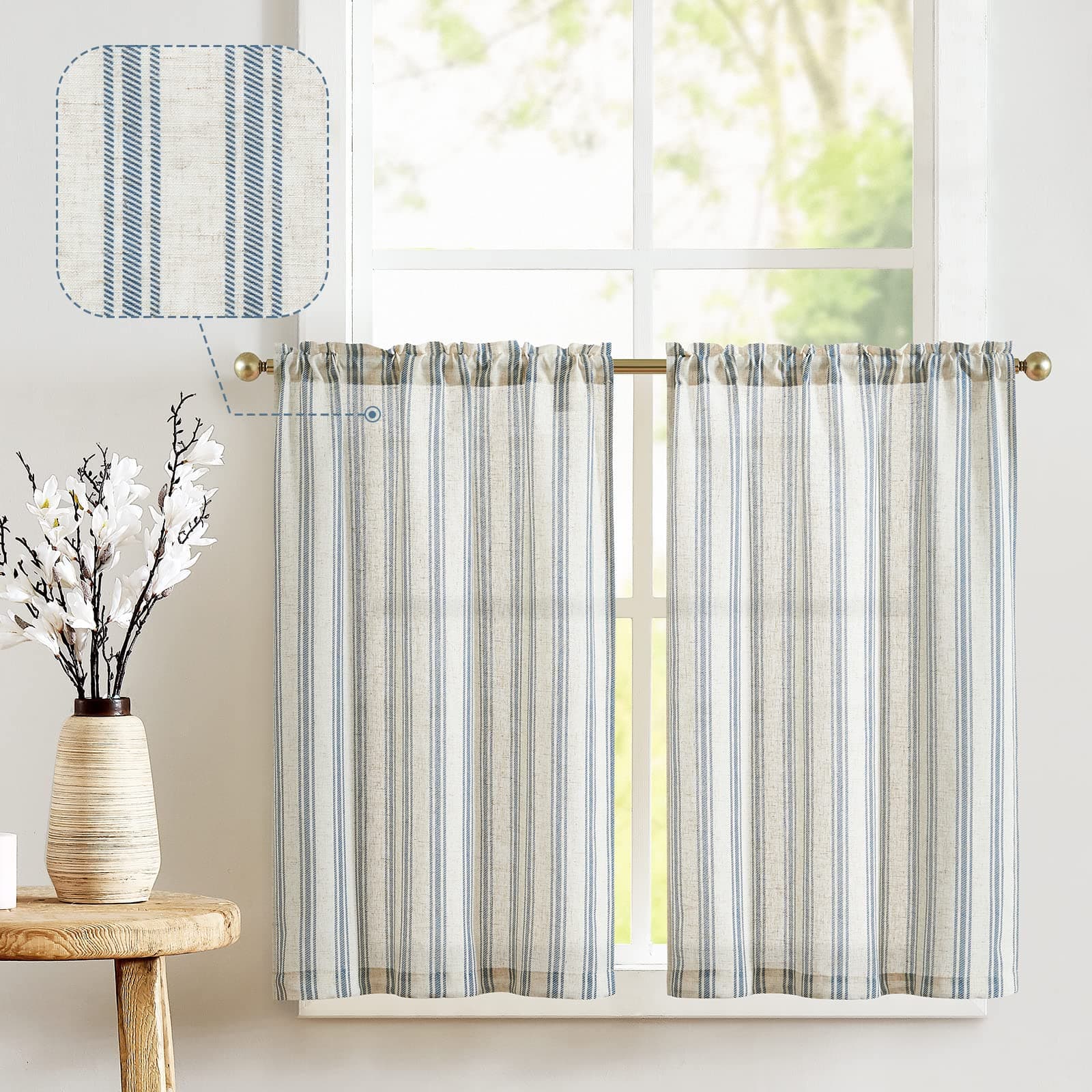 jinchan Linen Kitchen Curtains Striped Tier Curtains 24 Inch Farmhouse Small Drapes Balanced Stripe Half Window Light Filtering for Bathroom Laundry 2 Panels Blue on Linen