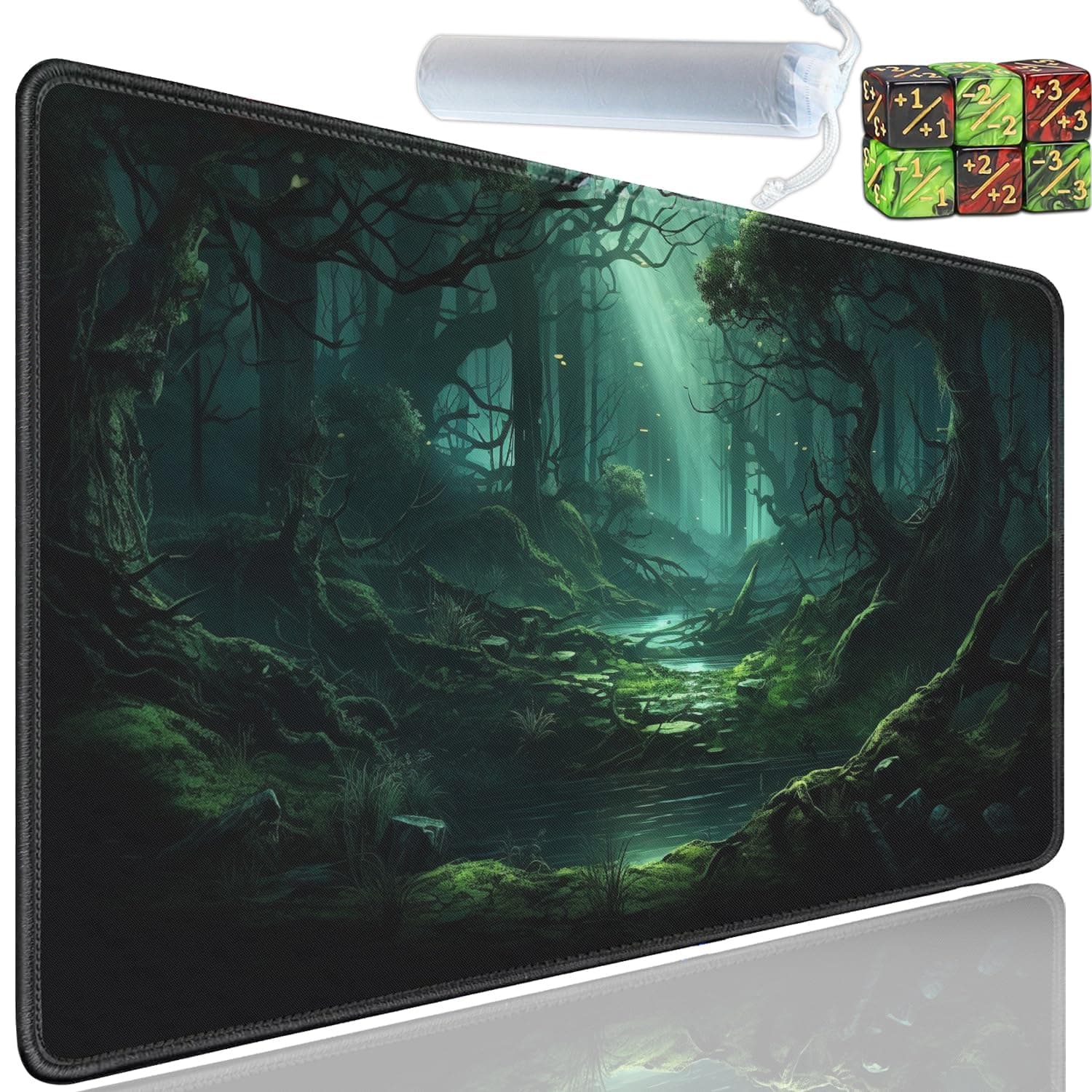 Yuxcfhjfe Playmat for MTG, 24x14 Inches Playmats for Magic The Gathering, TCG and CCG Trading Card Game Mat, Non-Slip Rubber MTG Playmats with A Storage Bag and 6 Dice Set, Ancient Forest Pattern