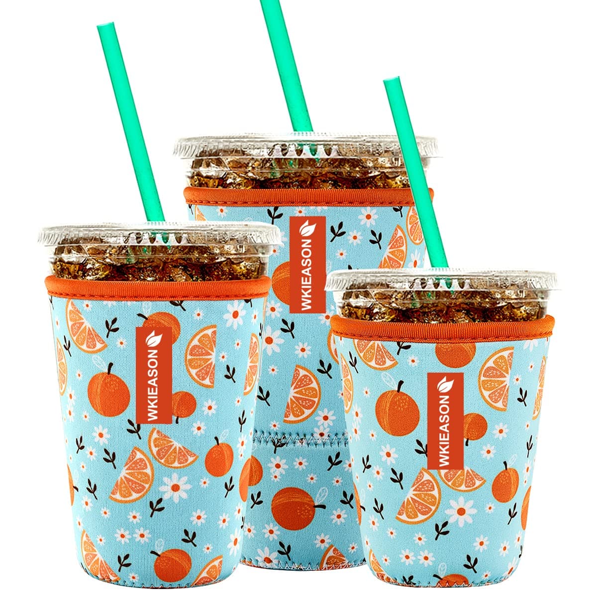 Reusable Iced Coffee Insulator Sleeve for Cold Beverages and Neoprene Cold Coffee Cup Sleeves Cooler Cover 16-32OZ for Coffee Cups, McDonalds, Dunkin Donuts, More (Fresh orange print)