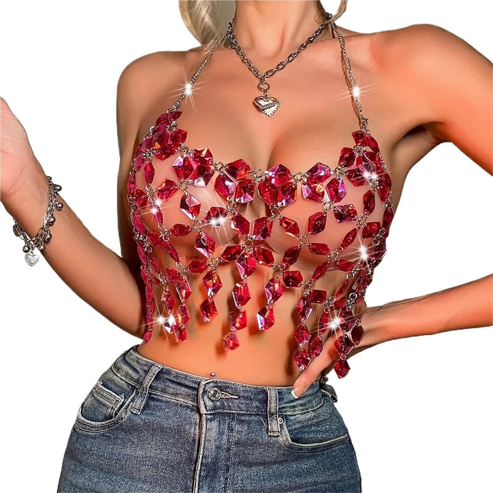 Hot Pink Rhinestone Hollow Out Tops Breast Chain Beach Party Sexy Women Bikini Crop Bling Diamonds Halter Bra Jewelry