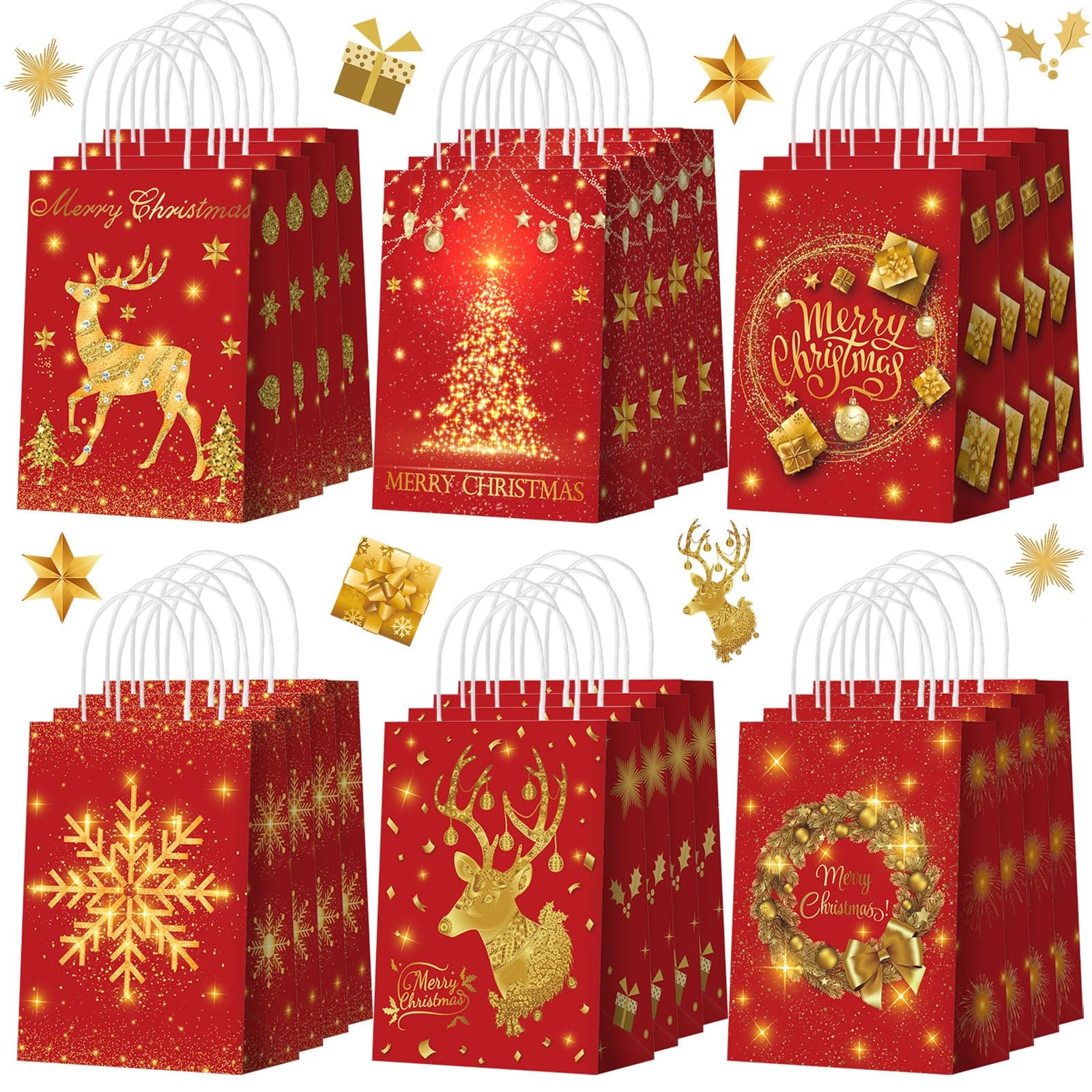 Kolldenn 24 Pcs Christmas Party Favors Bags with Handles Red Gold for Party