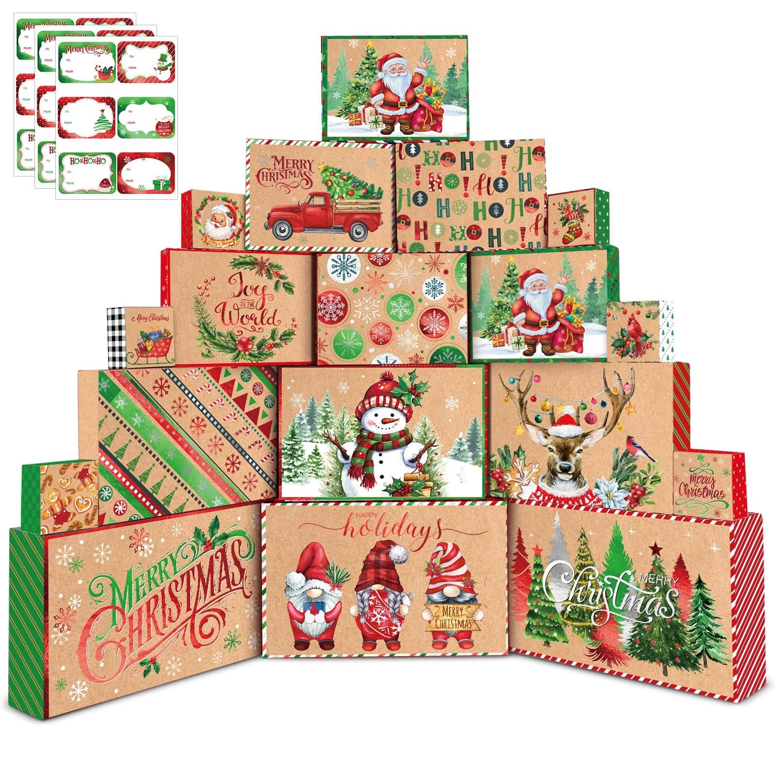 Pickmesh 18 Pcs Christmas Gift Wrap Boxes Merry Christmas Shirt Boxes Xmas Foil Present Boxes with Sticker Labels for Christmas New Year Holiday Party Favors Wrapping Decoration(Mixed Size,18 Styles)