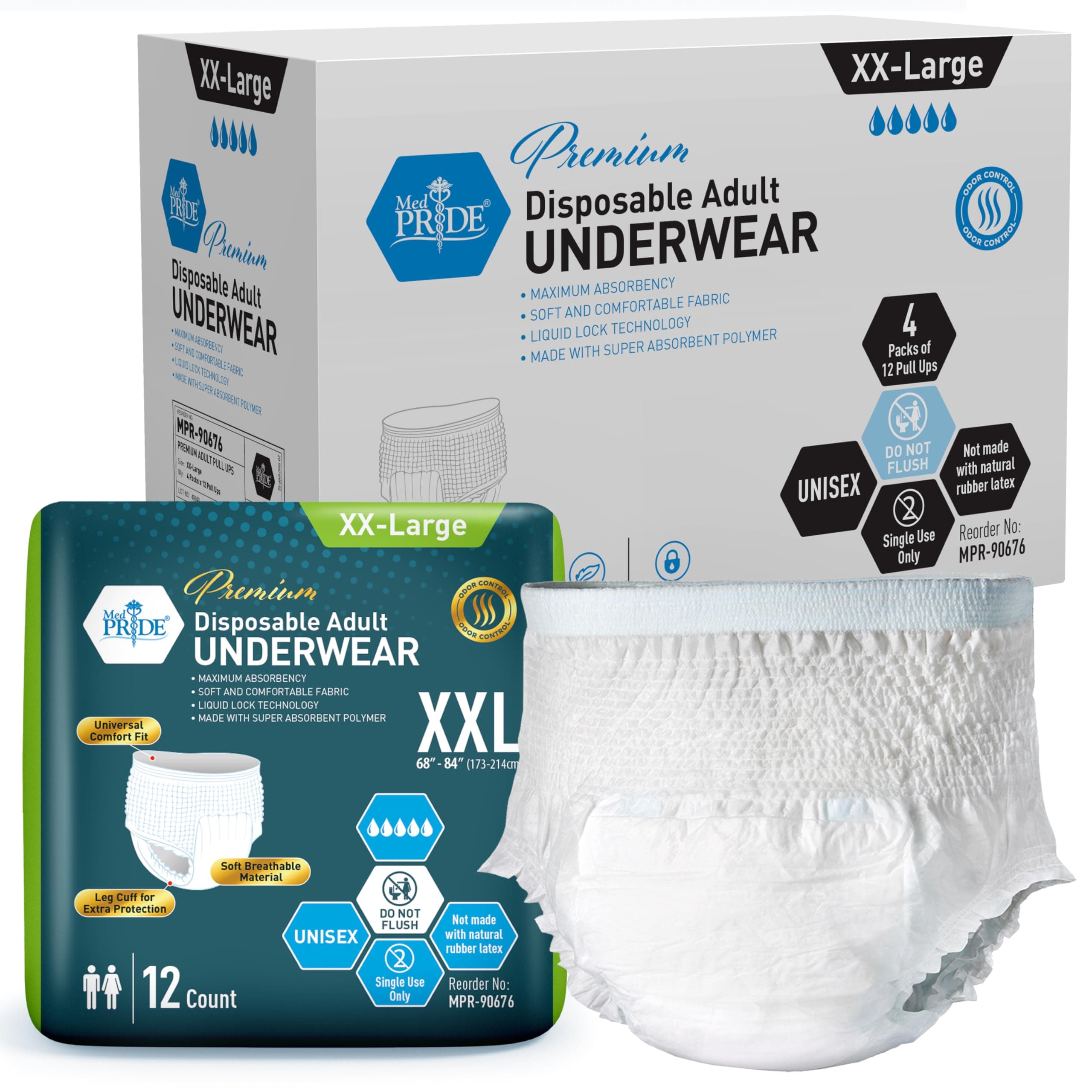 MED PRIDE Disposable Adult Underwear,XX-Large (68-84 in),Unisex,48 Count