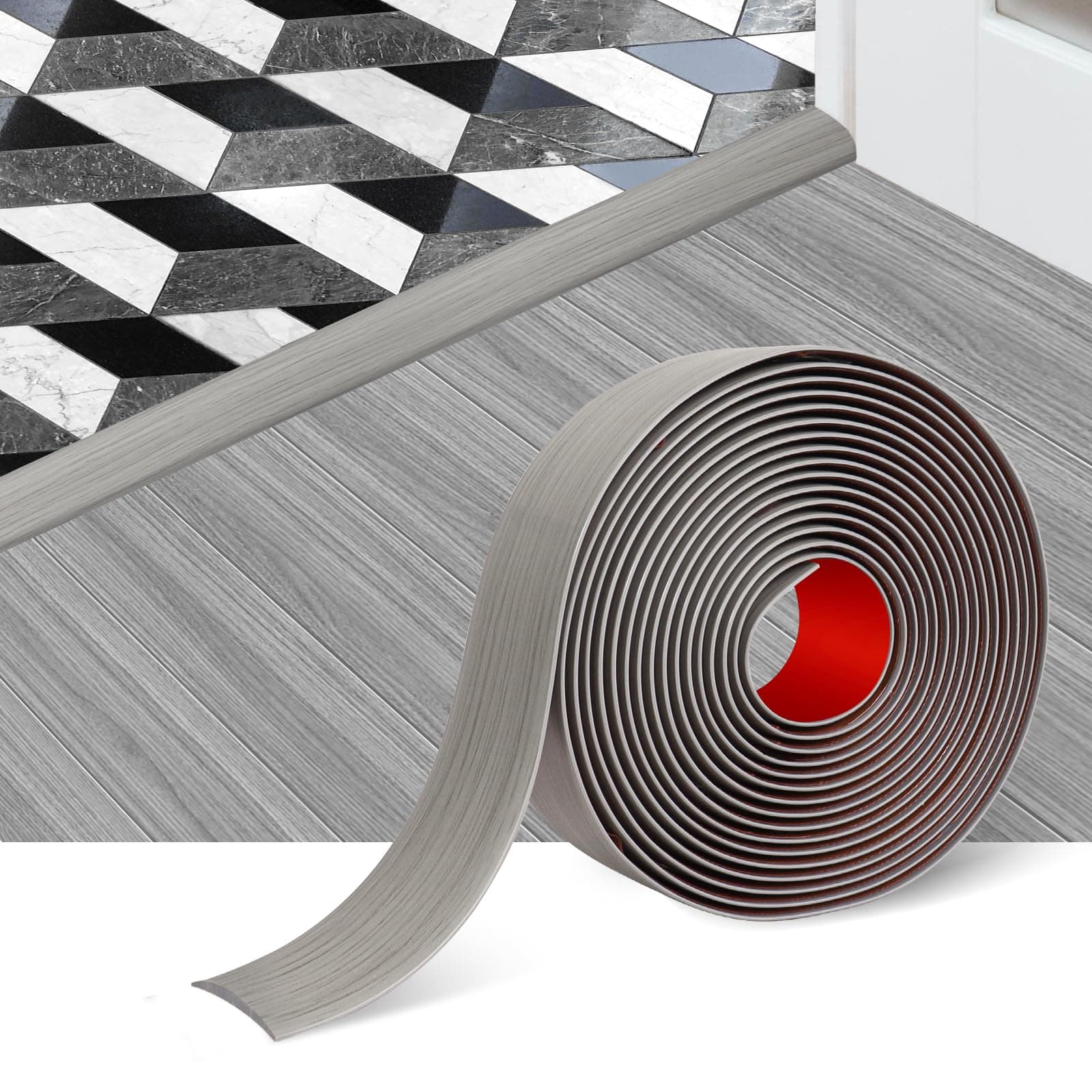 Floor Transition Strip Self Adhesive Floor Cover Strips Laminate 2" Wide Vinyl Flat Divider Transitions Elegant Wood Grain Design (5cm, 20Ft, Gray)