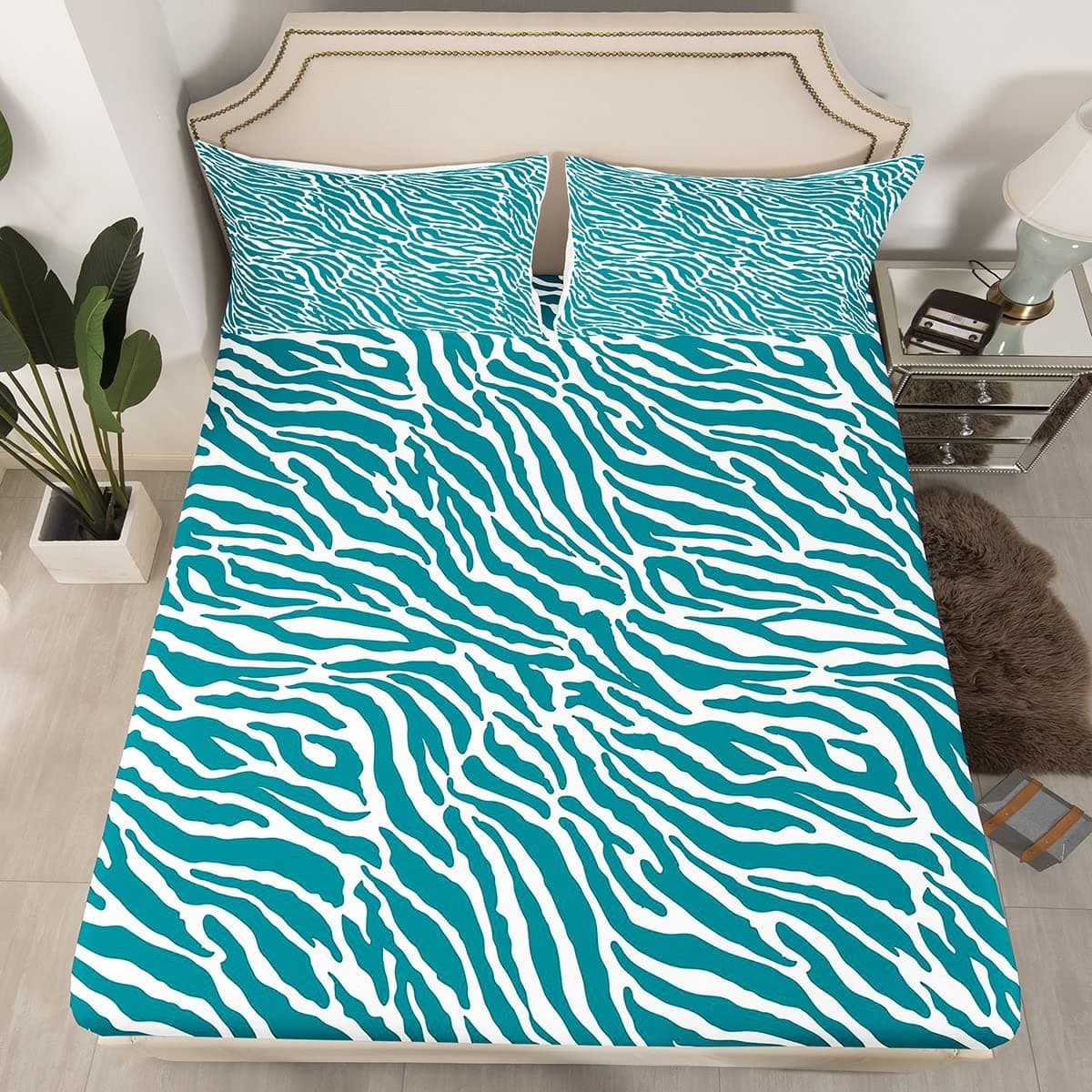 Zebra Print Bedding Set Queen Size,Blue Green Geometric Lines Bottom Sheet 3pcs for Kids Teens Adult Room Decor,Abstract Wild Animals Skin Sheet Set Modern Soft Top Sheet with 2 Pillowcases