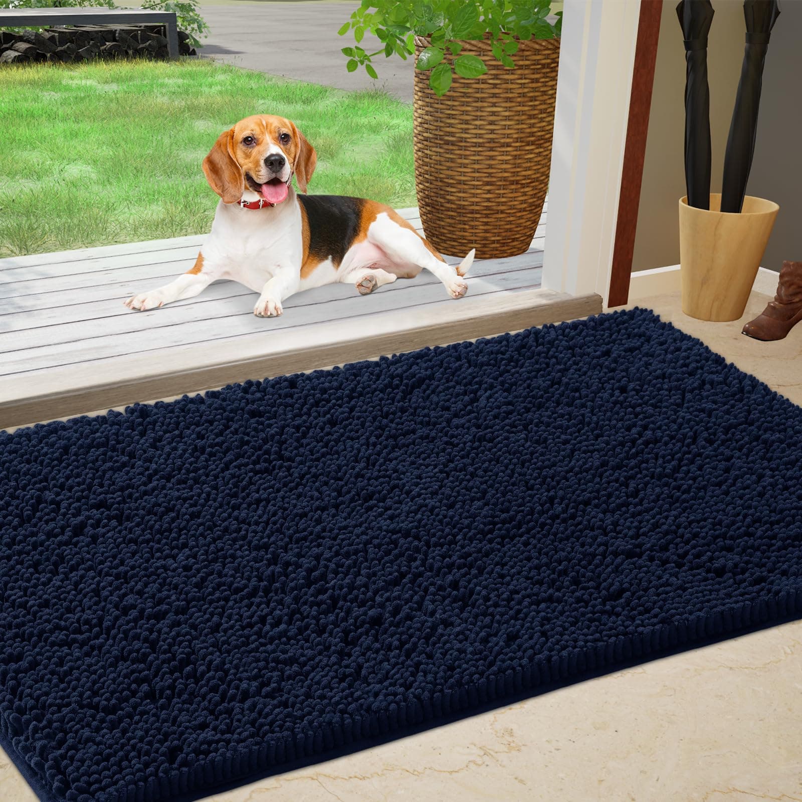 IM HOME Durable Chenille Absorbent Outoor Doormat 36" x 60", Muddy Washable Door Mats for Dog Non Slip Heavy Indoor Doormat Soft Front Inside Doormat for Entryway, Mud Dog Paws, Patio Navy Blue
