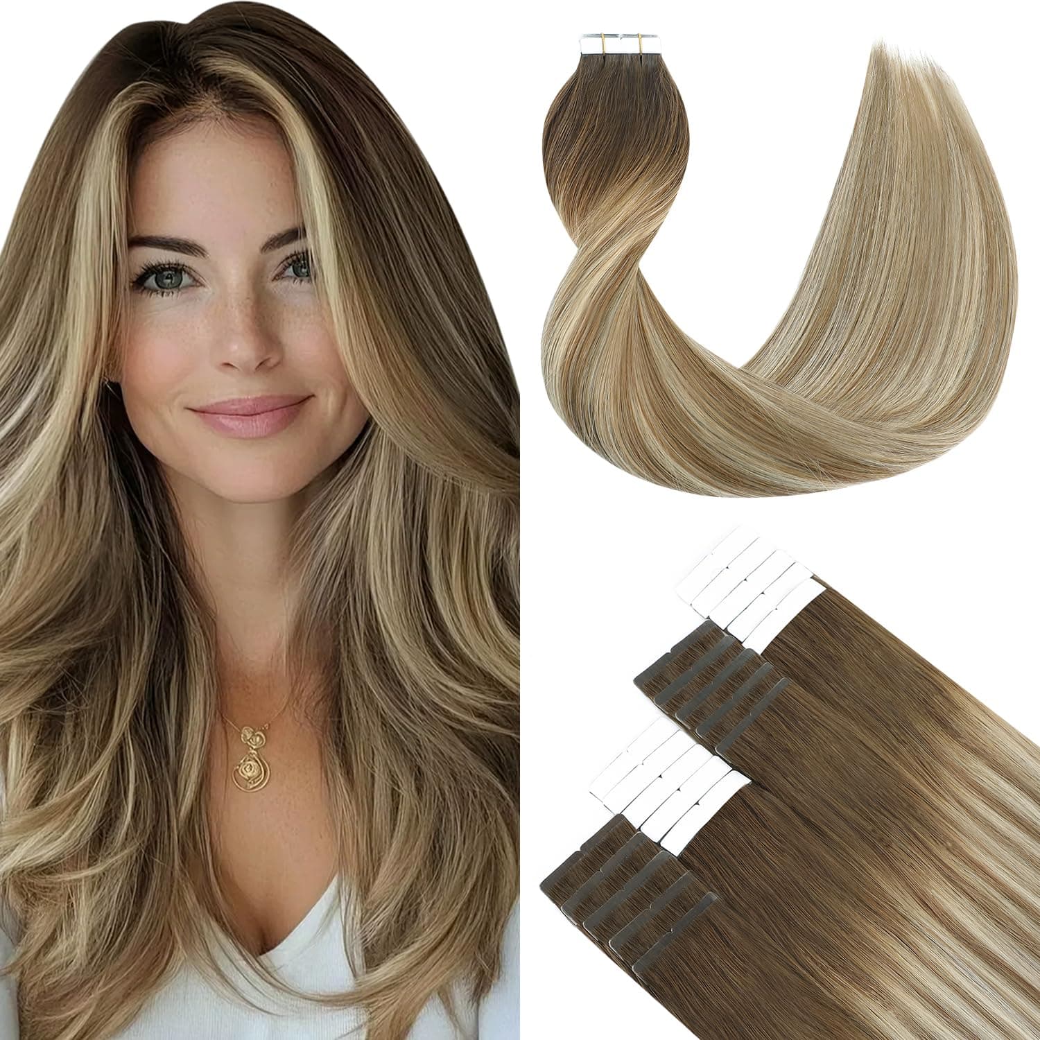 SURNEL Tape in Hair Extensions Human Hair Balayage 22 inch Color 3 Darker Brown Fading To 8 And 22 Blonde Tape Hair Extensions 20 pcs 50g (#3/8/22-22)