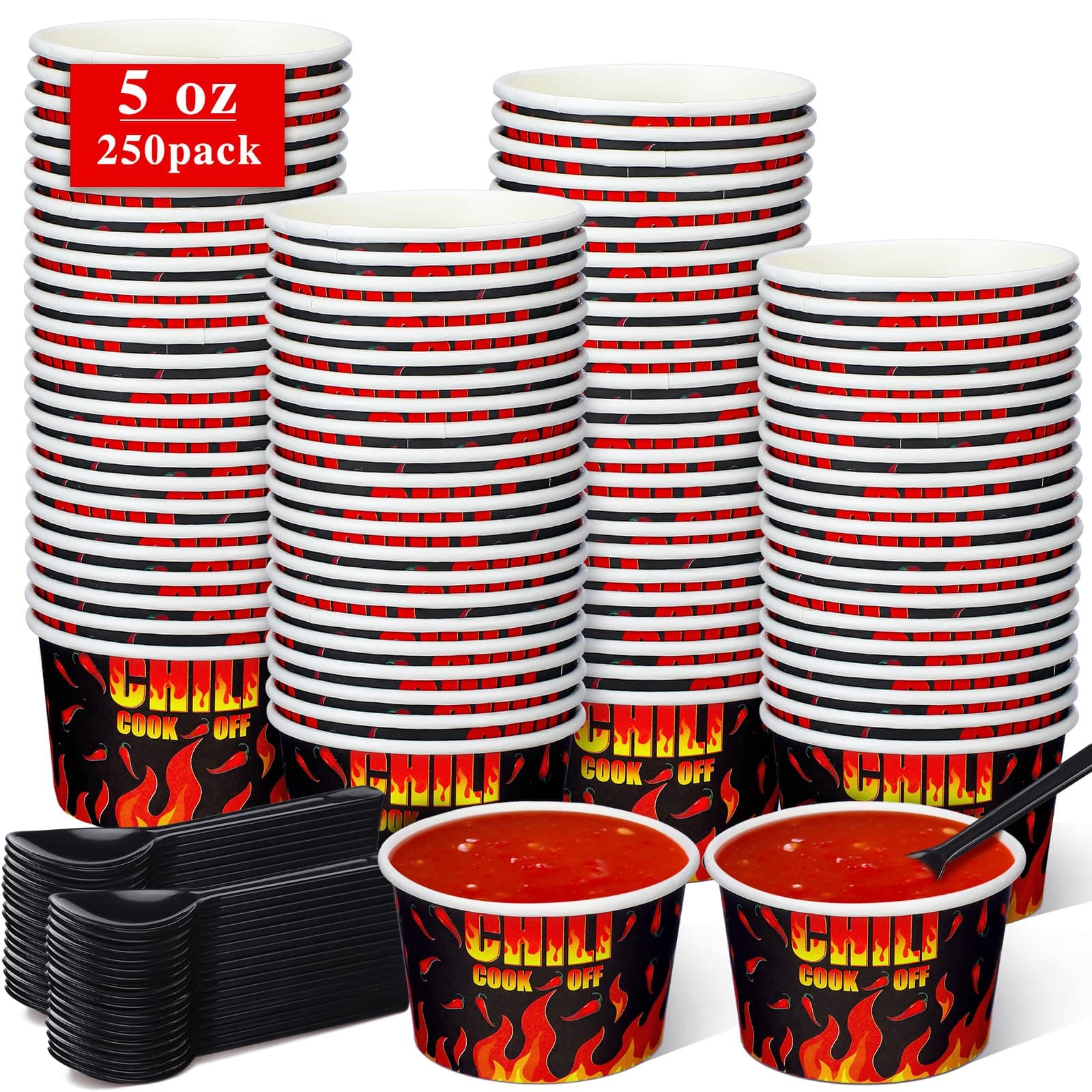 RimCereal 550 Pcs 5 oz Chili Cook Off Party Decorations Include 5 oz Disposable Sample Chili Cook Off Tasting Paper Cups Plastic Spoon for Chili Cook Off Party Supplies (Flame Chili)