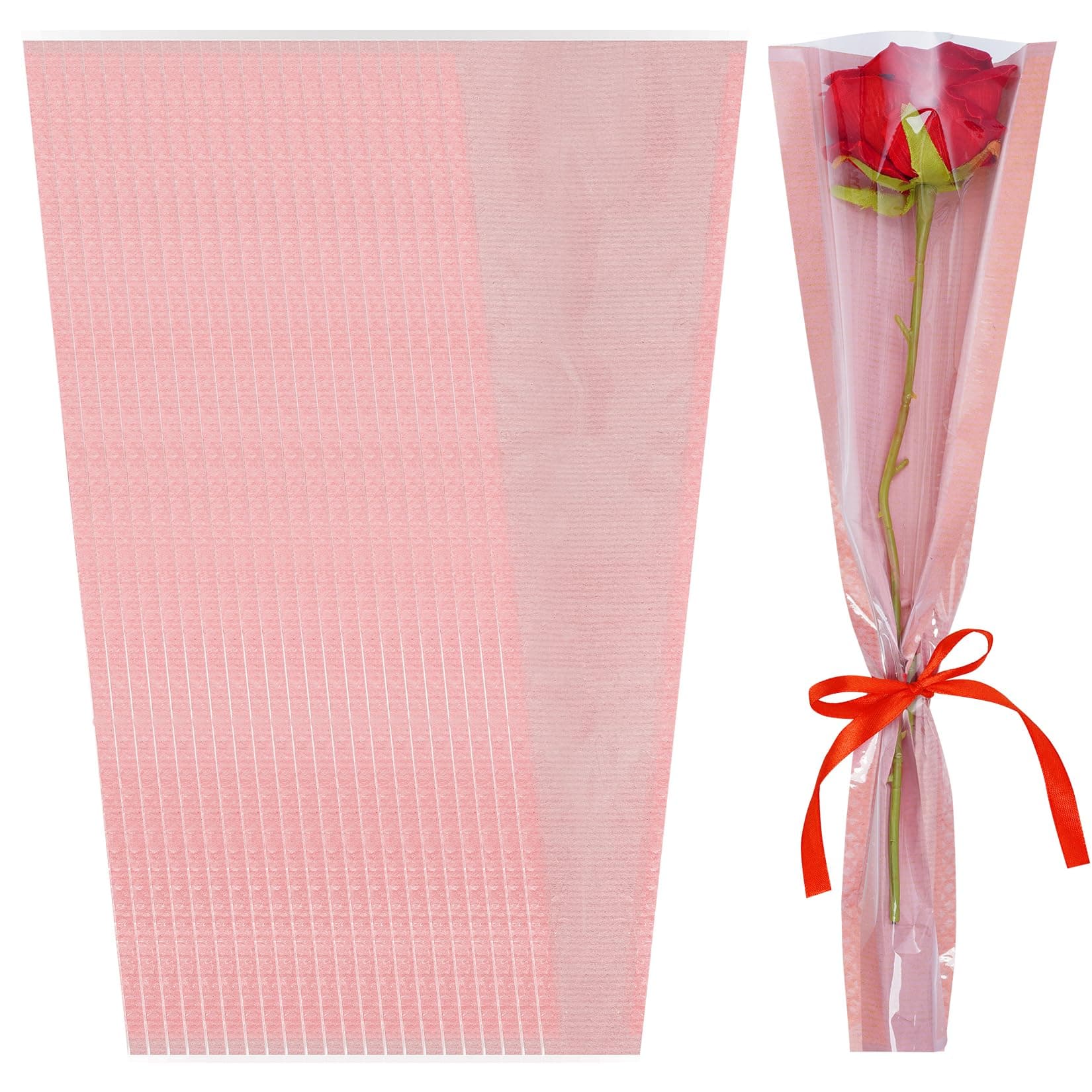 50Pcs Single Rose Sleeve Flower Wrapping Bags Pink Kraft Paper Flower Wrapping Paper Single Floral Sleeves Flower Rose Bouquet Wrapping Flower Wrap Bags for Mother's Day Wedding Bouquet Valentine's Gifts(Pink)