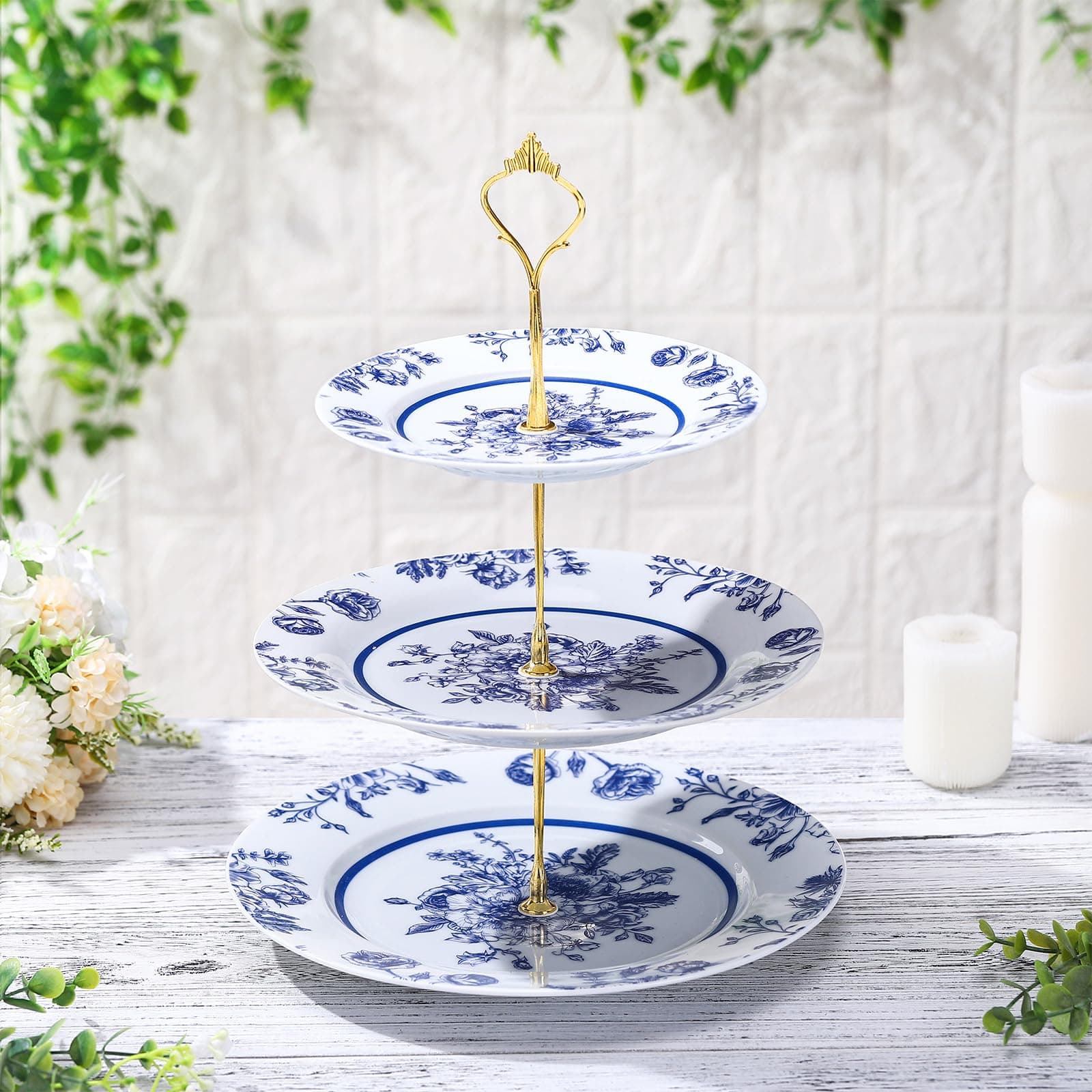Lallisa 3 Tier Something Blue Before I Do Bridal Shower Decorations Cake Stand 10", 9" and 7" Ceramic Chinoiserie Tiered Serving Tray Dessert Display Holder Tower for Wedding Baby Shower
