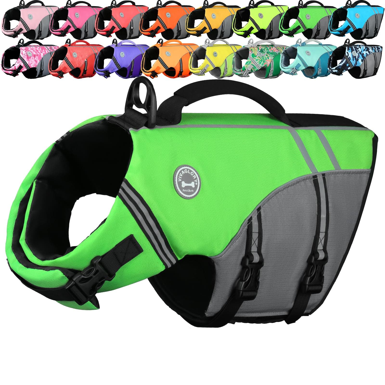 VIVAGLORY Dog Life Jacket Sports Style Dog Life Vest, M, Bright Green
