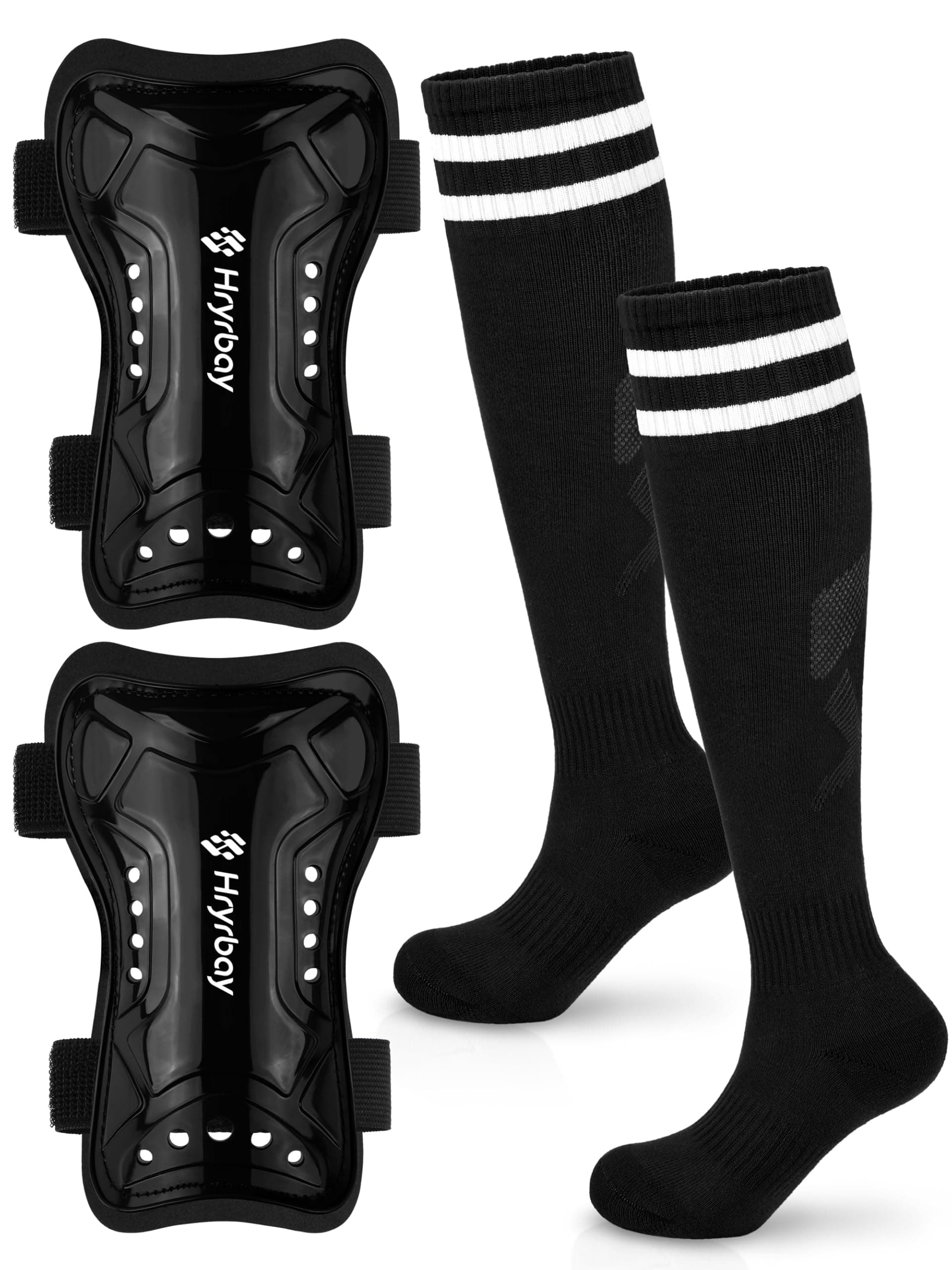 Hryrbay Kids Soccer Shin Guards and Socks Toddler Soccer Shin Pads Protective Defender Gear for Boys Girls Ages 3-15 Great for Training, Matches, Inspired by the World Cup Black M