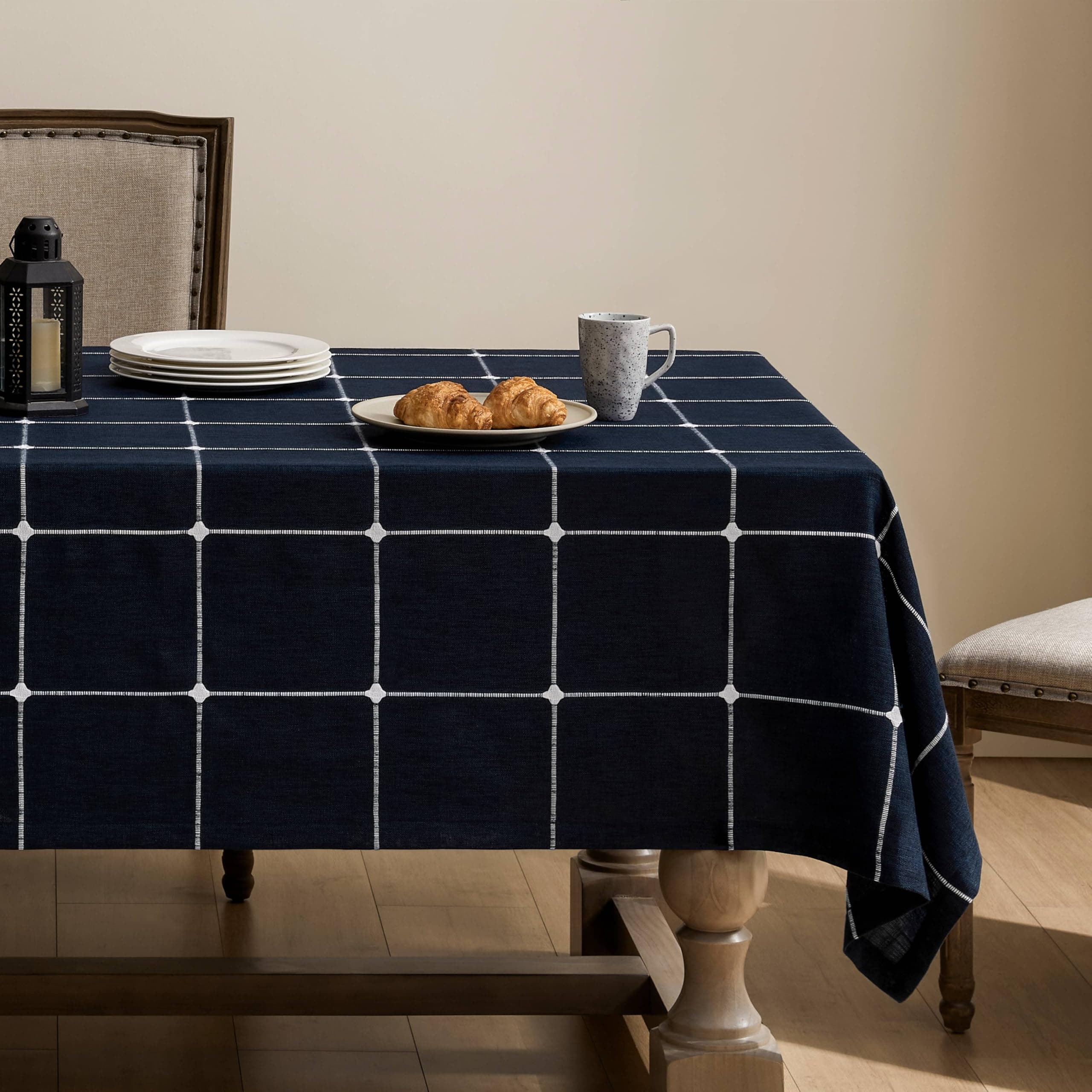 ZeeMart Grid Embroidered Rectangle Hemmed Tablecloths 52x70in, Dark Navy