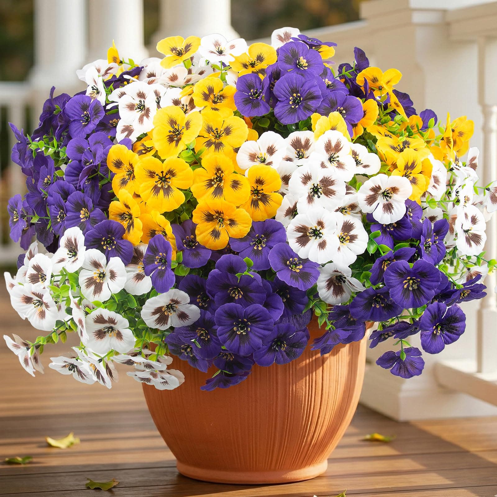 Rowfad 18 Pcs Artificial Fake Pansy Flowers for Outdoor, Faux Silk Pansies Spring Flowers for Outside for Planter Front Door Porch Yard Patio Window Box Home Decor (18, Purple, Yellow, White)