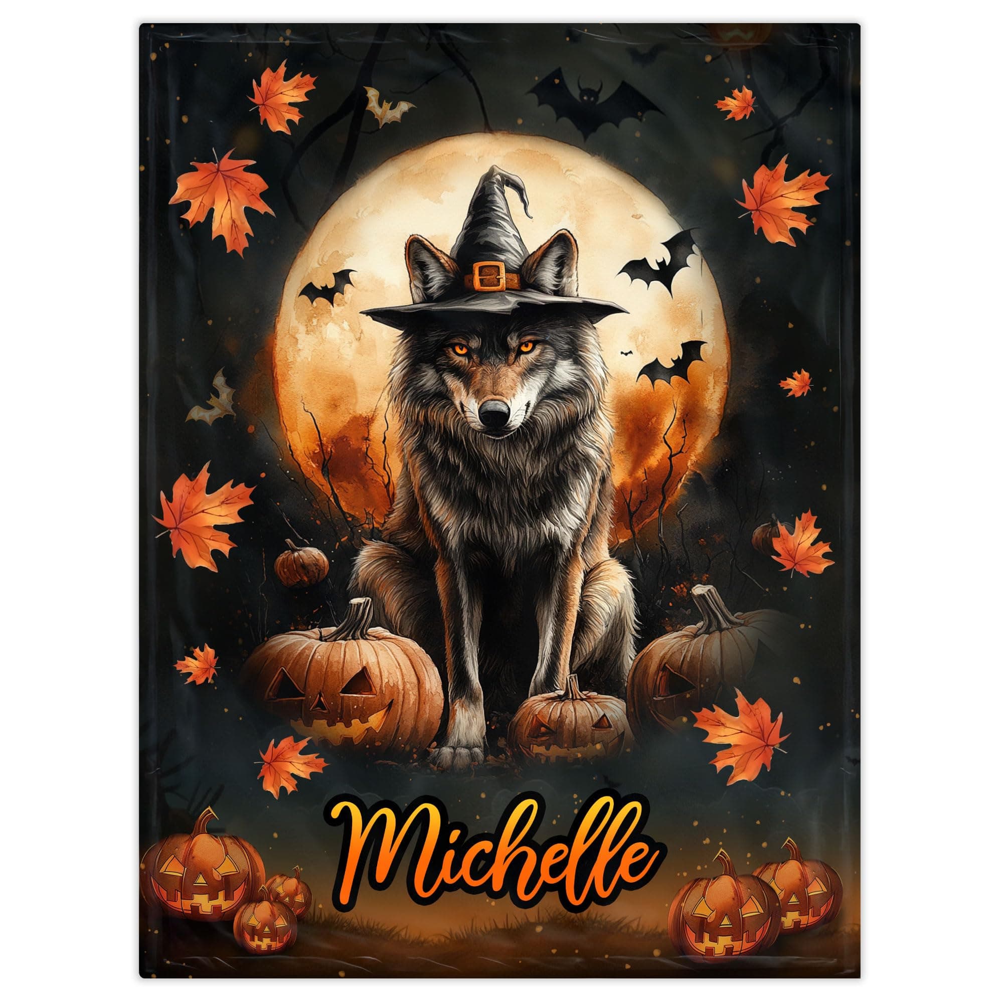 Hyturtle Personalized Halloween Wolf Baby Blanket - Wolf Fleece Throw Blanket for Newborns Kids Girls - Halloween Pumpkin Gifts for Lovers - Custom Name Super Soft Cozy Toddler Bedding Decoration