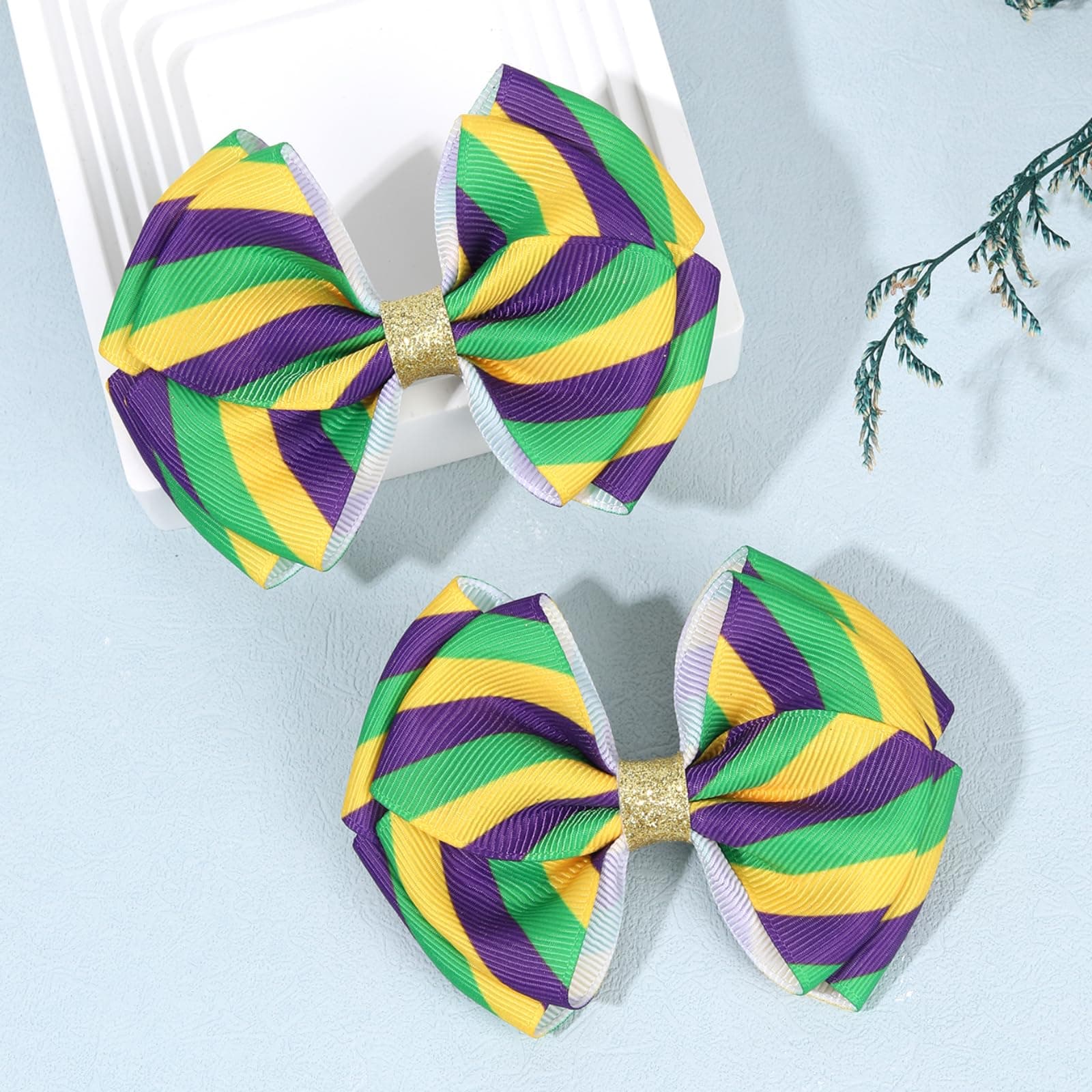 2Pcs Mardi Gras Hair Bows for Women, Girls, Teens, Toddlers, Kids – Colorful Festival Ribbon Clips for Mardi Gras Celebration, Carnival Hair Accessories (Carnival B)
