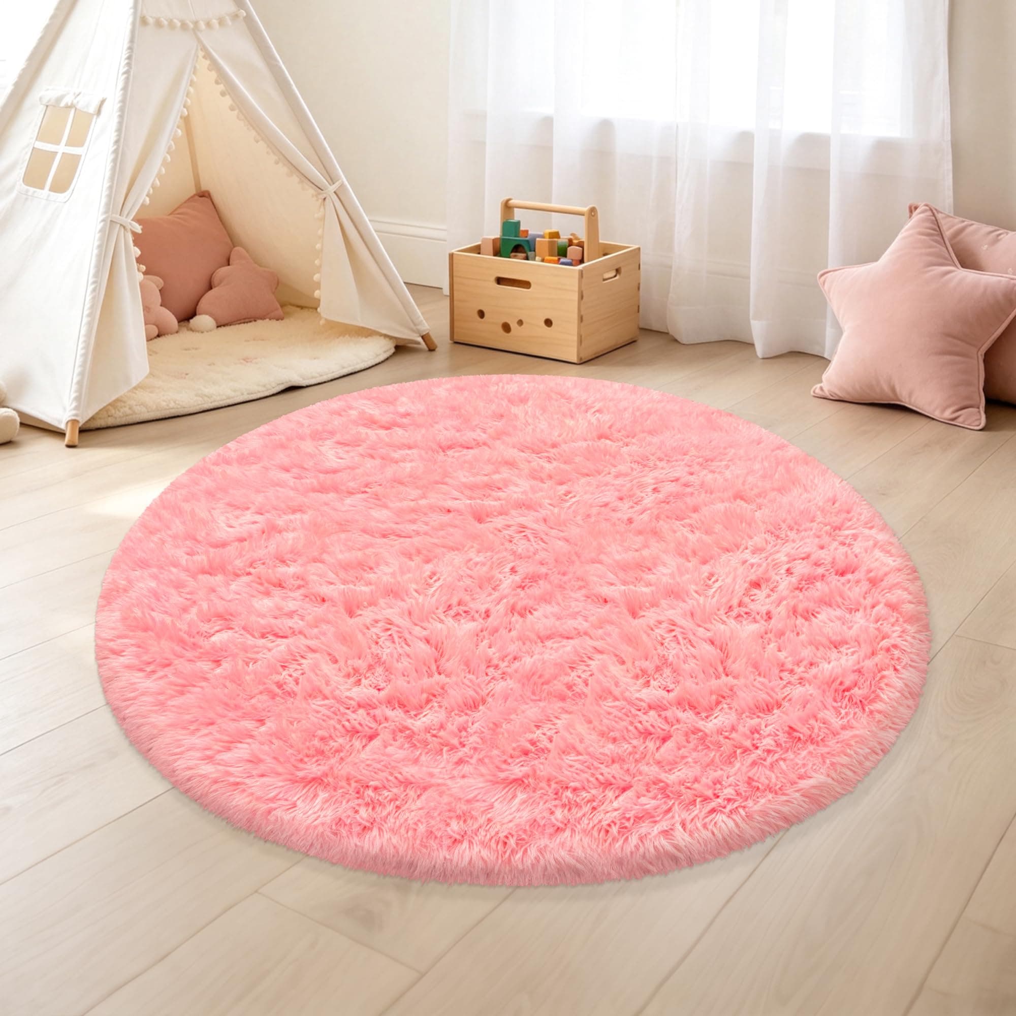 Fixseed Round Rug, 4 Ft Pink Rug, Washable Non-Slip Soft Carpet