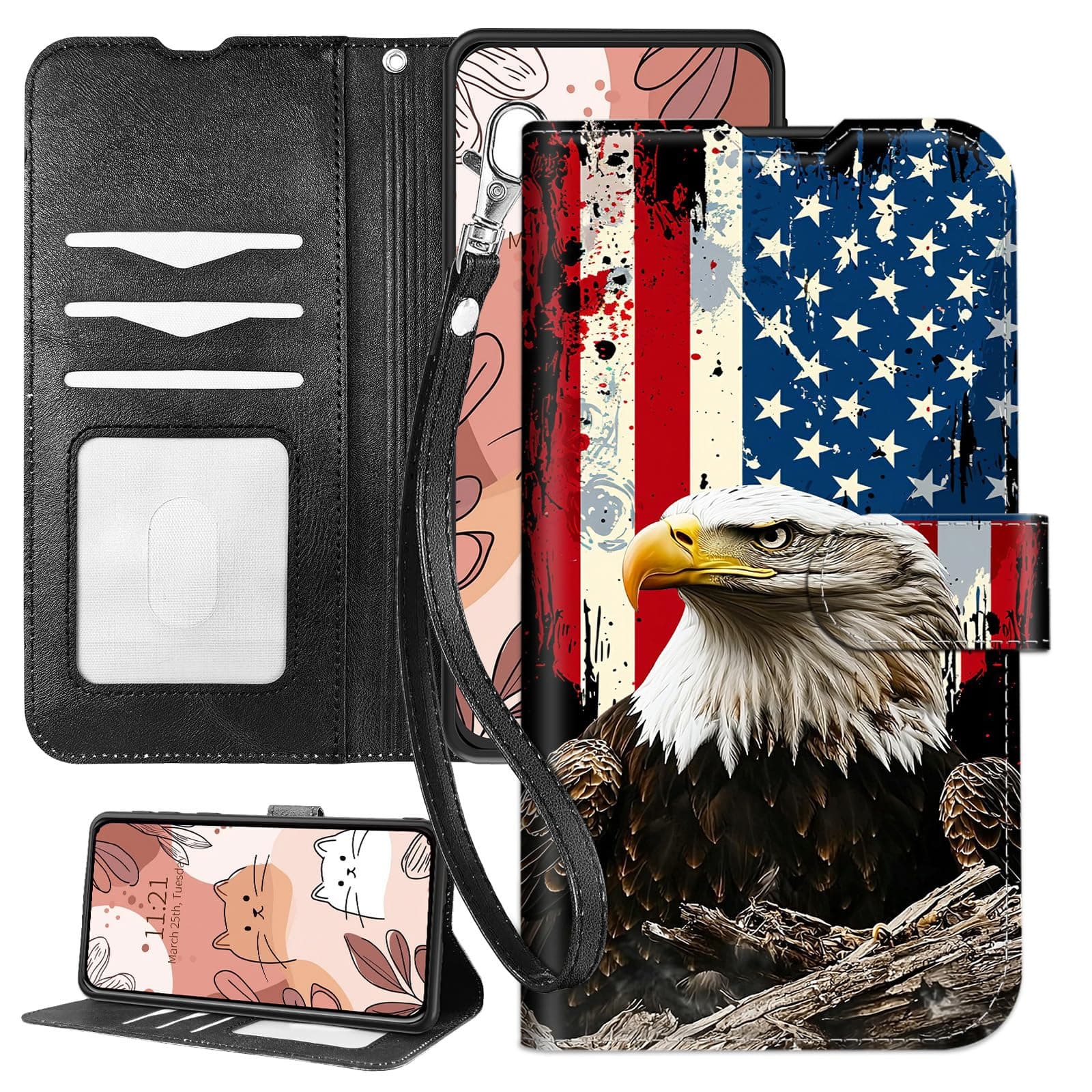 SichKards for Samsung Galaxy S25 Plus Wallet Case with Wrist Strap,RFID Blocking,Shockproof TPU Interior,PU Leather Flip Cover with Magnetic Closure,Card Slots,American Flag Eagle-4