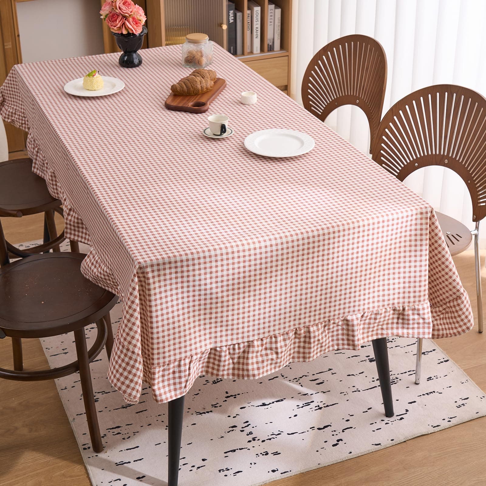 vctops Farmhouse Khaki Plaid Ruffle Table Cloth, Boho Cotton Linen Tablecloth, Washable Table Cover for Rectangle Table Baby Shower Kitchen Party Wedding Decor (Khaki,55"x63")