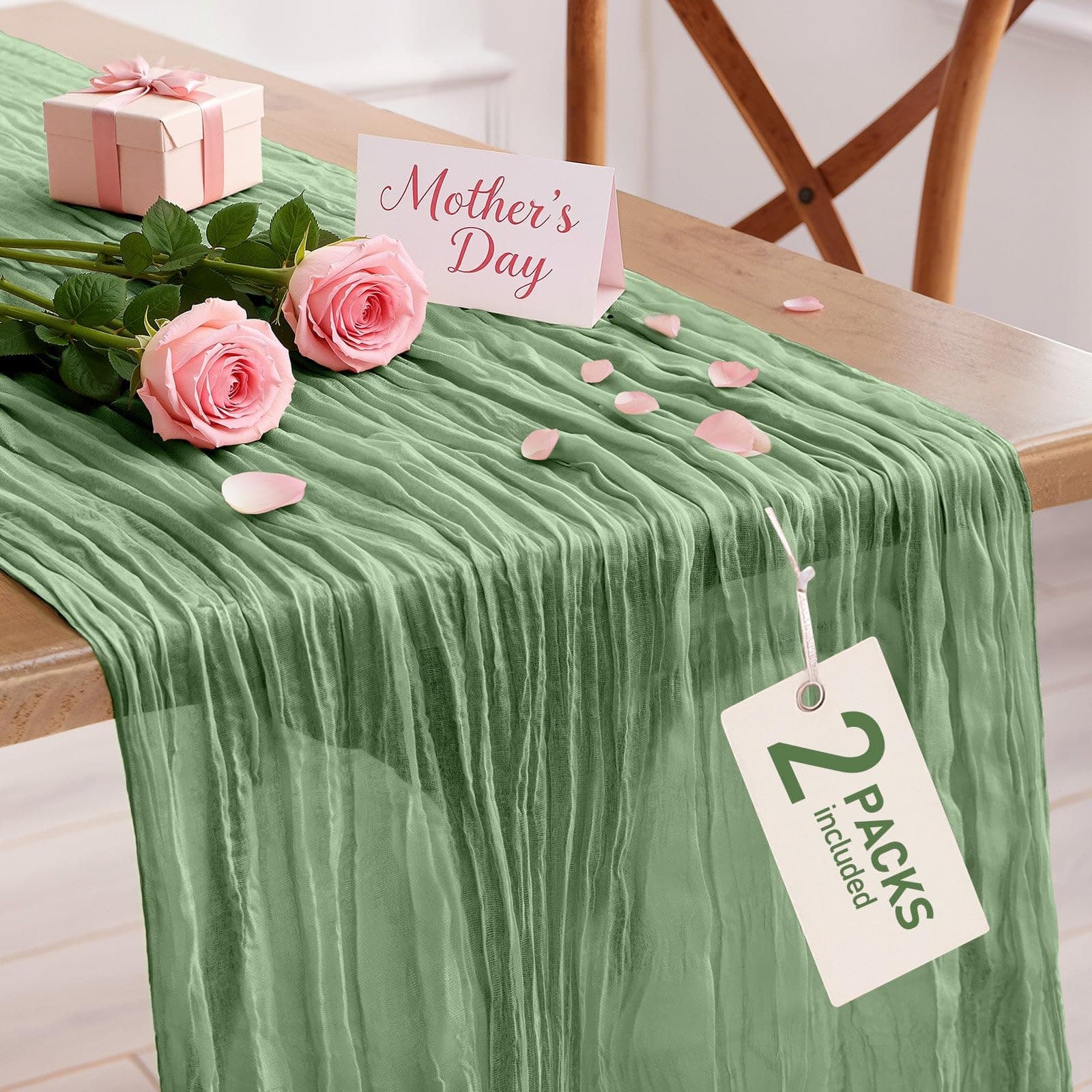 Pureegg 2-Pack Cheesecloth Table Runner, 120'' Easter Spring Boho Gauze Table Runner Decorations for Party, Baby Shower, Wedding and Farmhouse, Fabric Room Decor, Sage Green