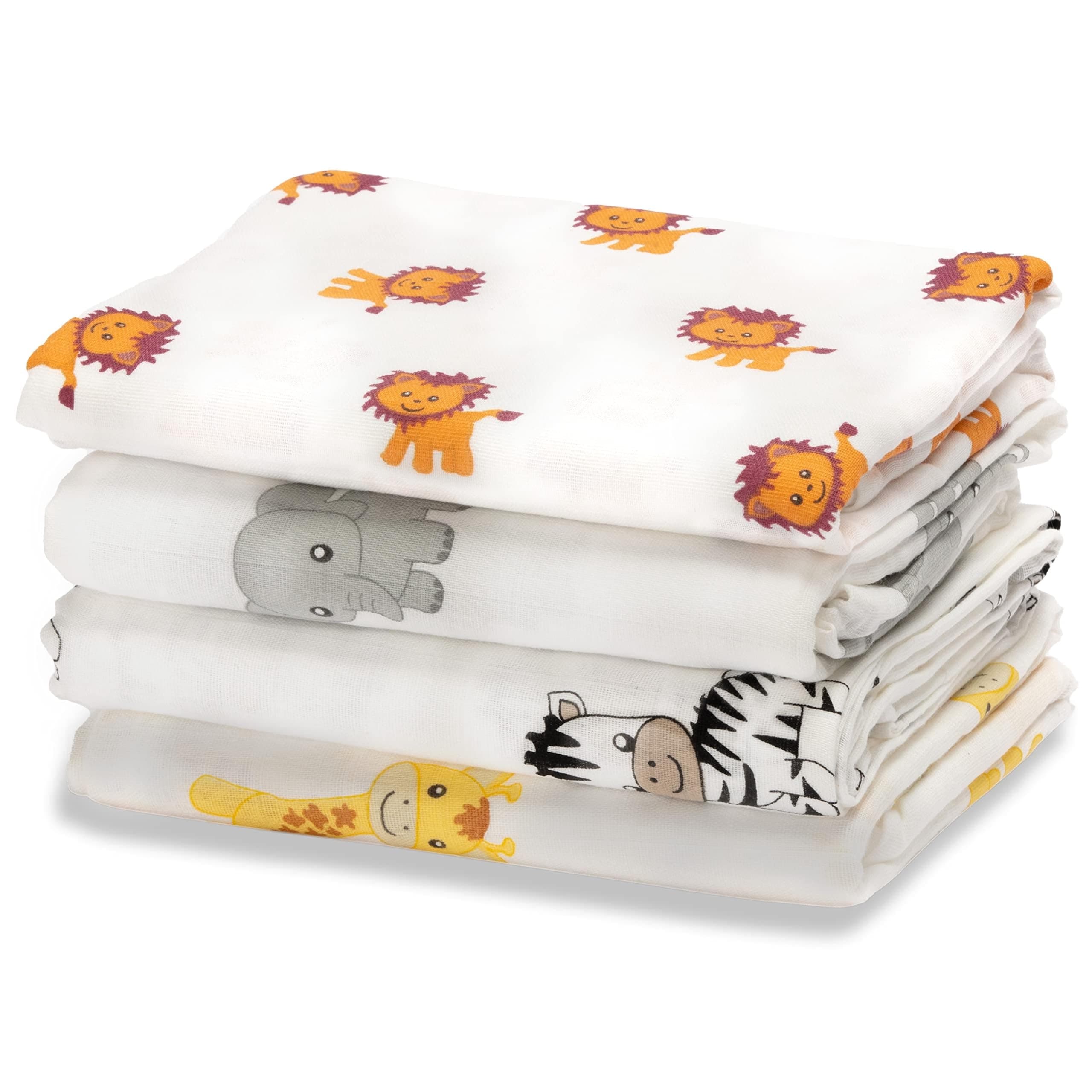 CuddleBug Muslin Baby Swaddle Blankets, Cotton 4-Pack, Safari Friends