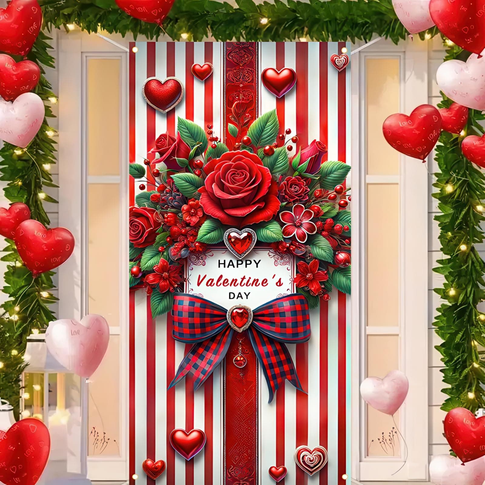 BlissYard Valentine’s Day Door Cover Decoration for Valentine’s Day Banner Cute Bow and Garland Hanging Indoors Outdoors Banner Supplies for Girls Family Tuba 35.5 * 71inch(90 * 180cm)