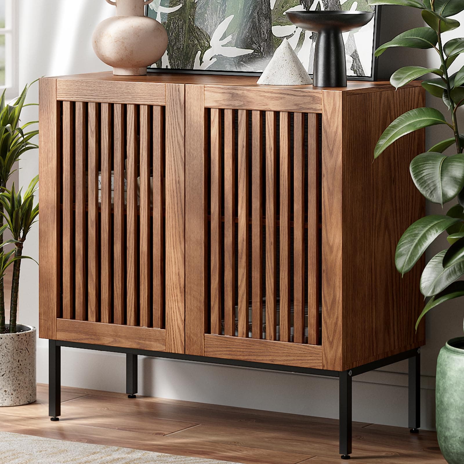 BVIUNTWO Storage Cabinet,31.5" Farmhouse Buffet Cabinet with Metal Base and Adjustable Shelf,Sideboard Coffee Bar Cabinet with 2 Doors for Kitchen,Dining Room,Living Room,Brown
