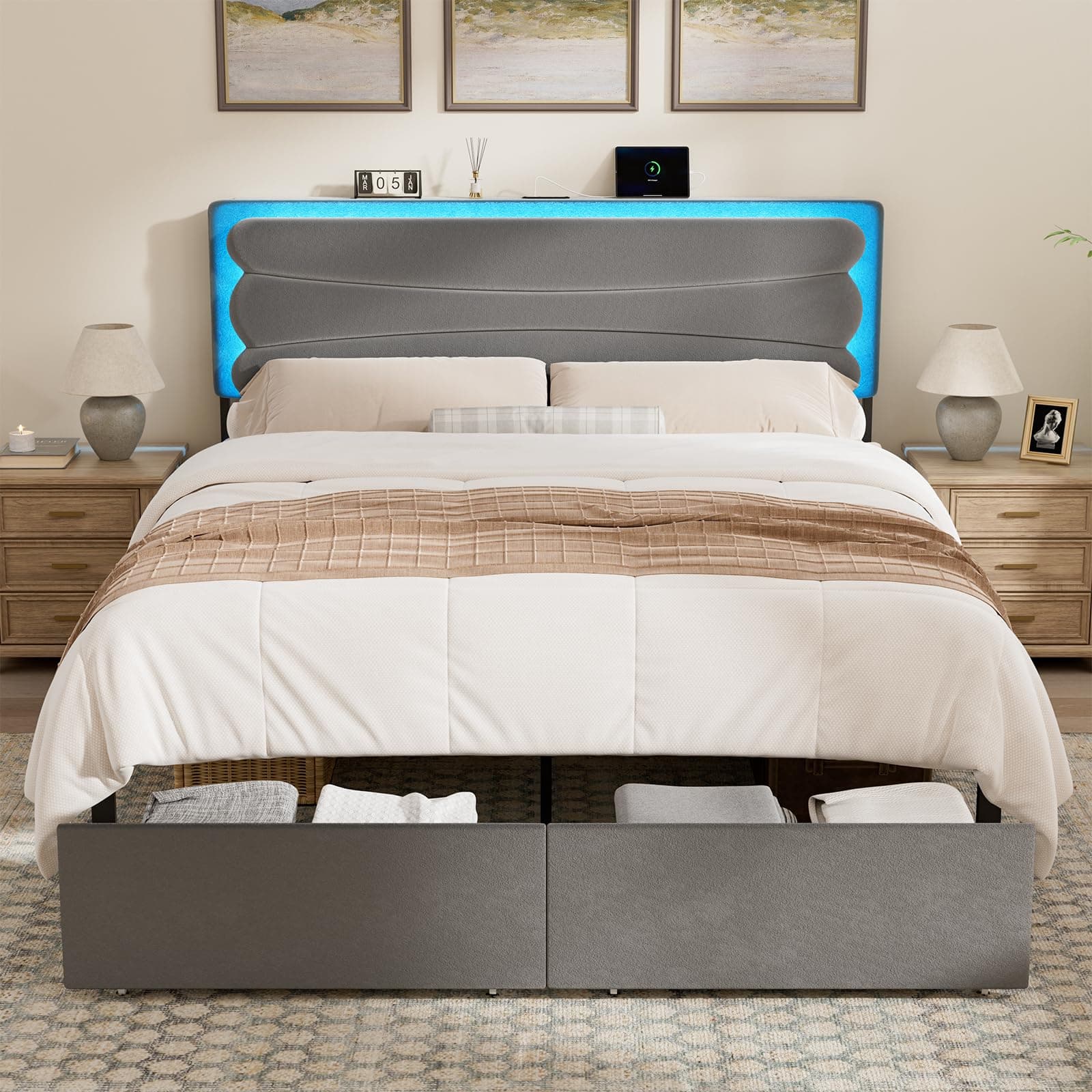 ROLETALENT Queen Bed Frame with Storage, Adjustable Headboard, Grey