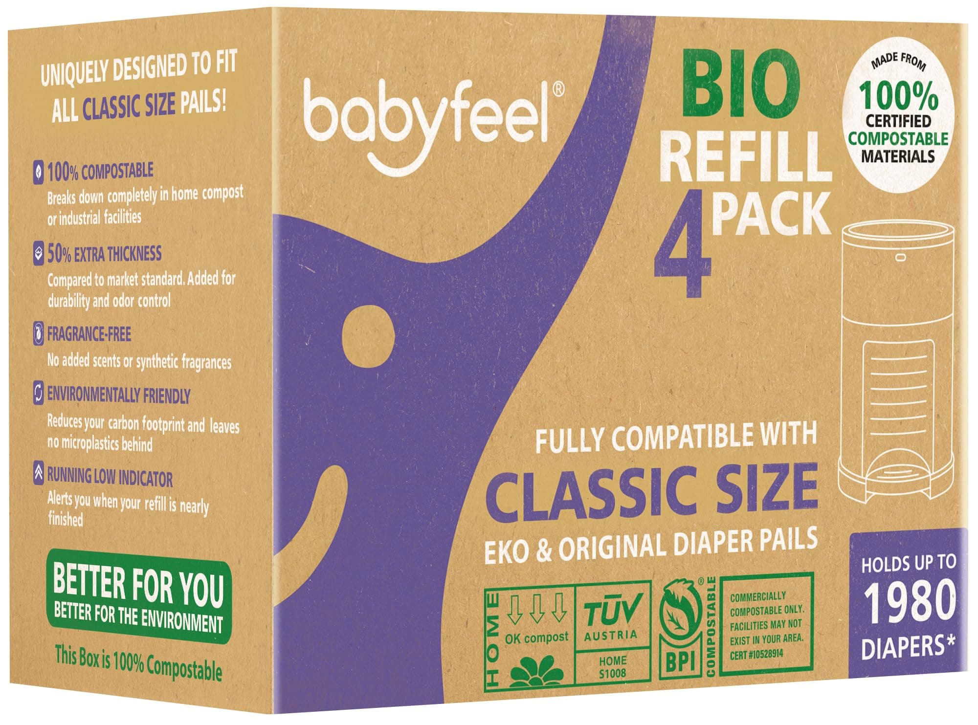 Babyfeel BIO Refills Compatible with DEKOR CLASSIC Diaper Pails | 100% Compostable |4 Pack |50% Extra Thickness | Compost Refill bags with Running Low Indicator |Powerful Odor Control | Fragrance-free