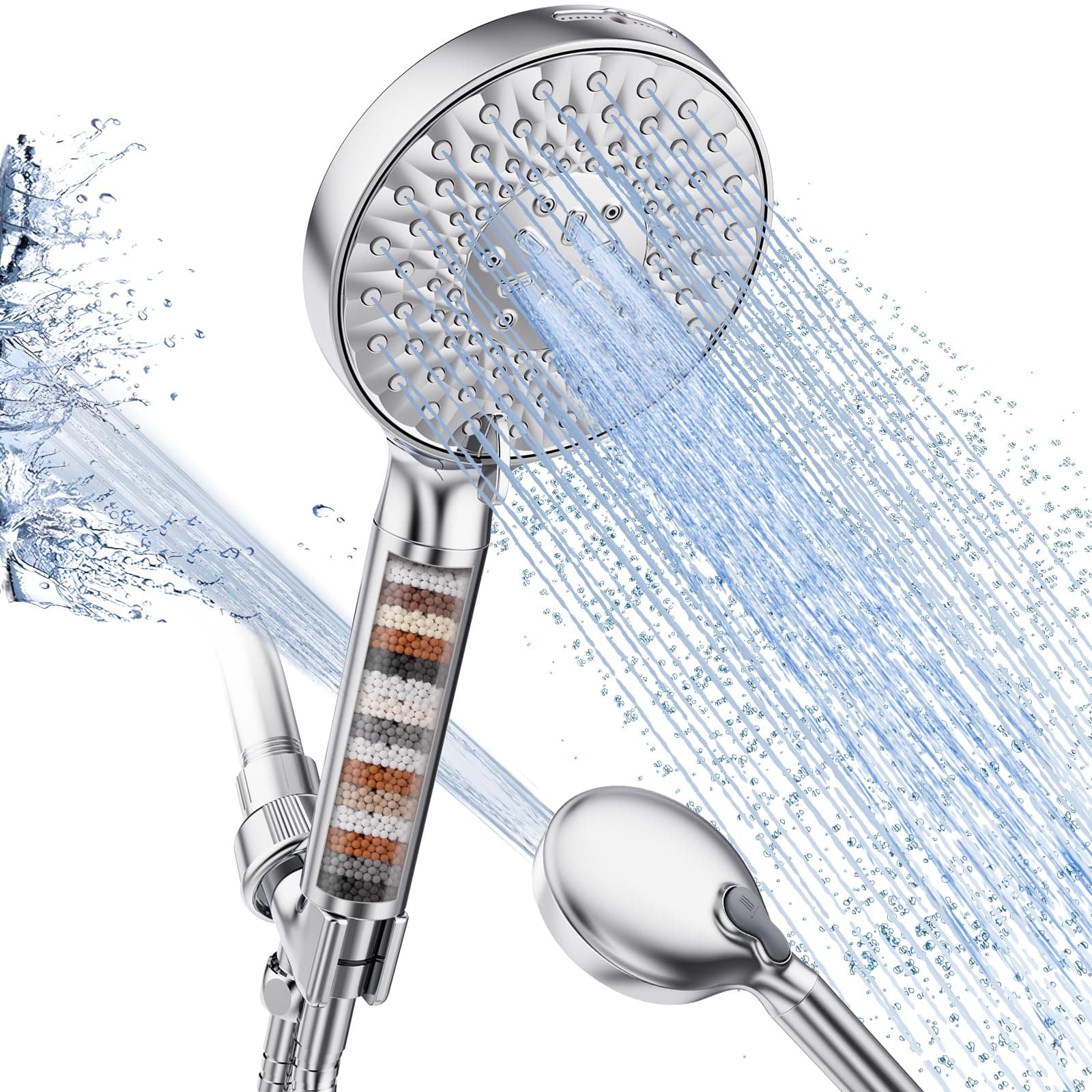 Filtered Shower Head with Handheld, High Pressure 9 Spray Mode Chrome Showerhead with Filters,Detachable Shower Head,Water Softener Filters Beads for Hard Water -Remove Chlorine