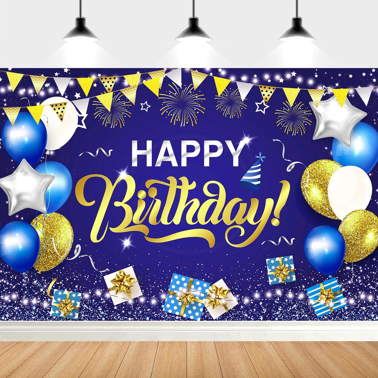YinQin Navy Blue Gold Happy Birthday Party Photo Backdrop Backgrouds