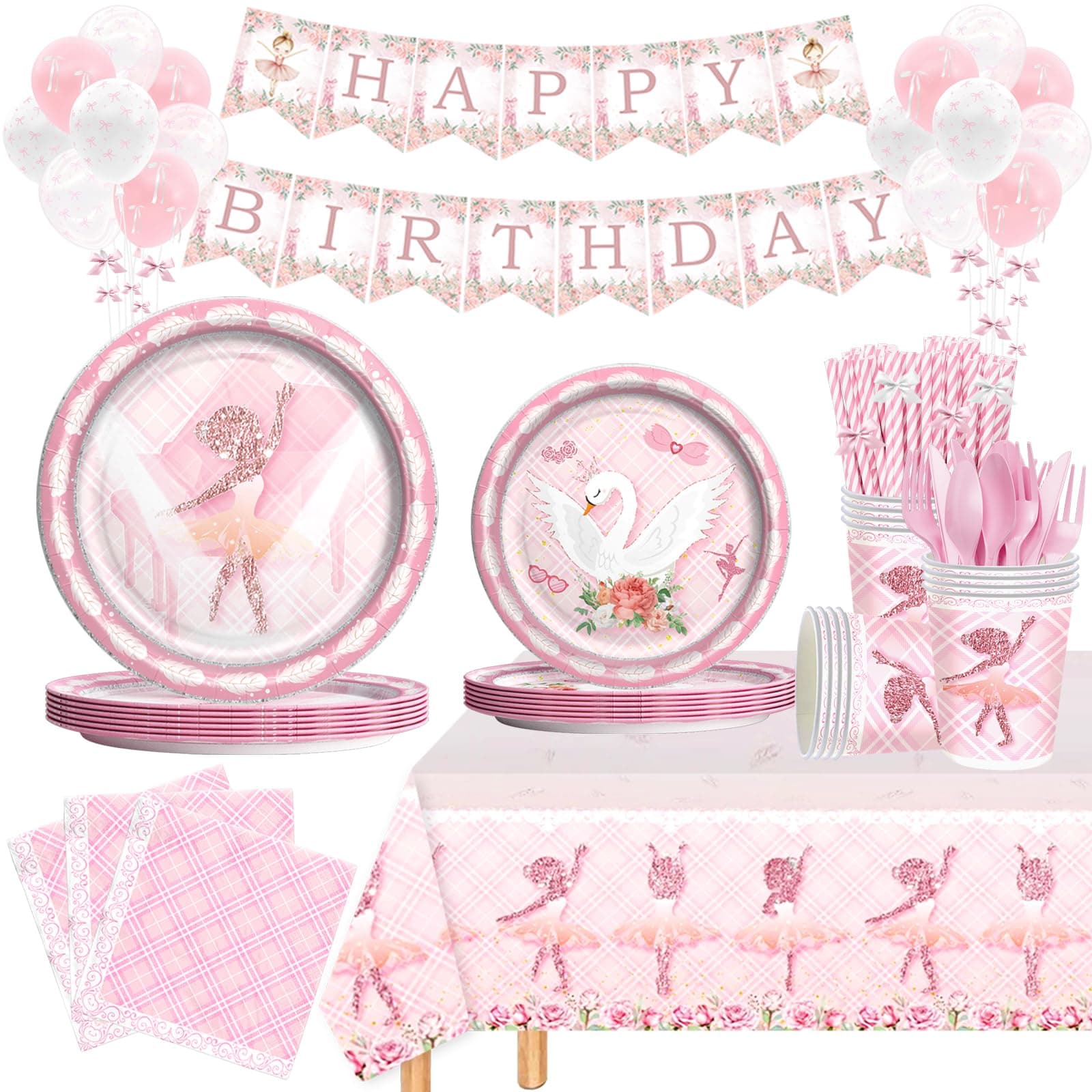 Costova Ballerina Birthday Party Decorations Tableware Set, Ballet Birthday Party Supplies with Dance Girl and Swan Plates, Napkins, Cutlery, Tutu Banner, Serves 24 Guests