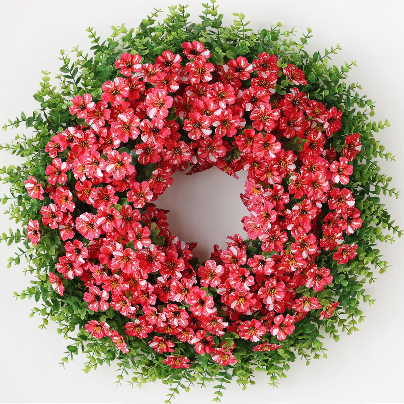26" Artificial Flower & Eucalyptus Wreath - Faux Starry Sky Morning Glory Flowers and Eucalyptus Leaves Wreath, Spring Summer Wreath for Wall Window Farmhouse Festival Party Decor (Rose Red)