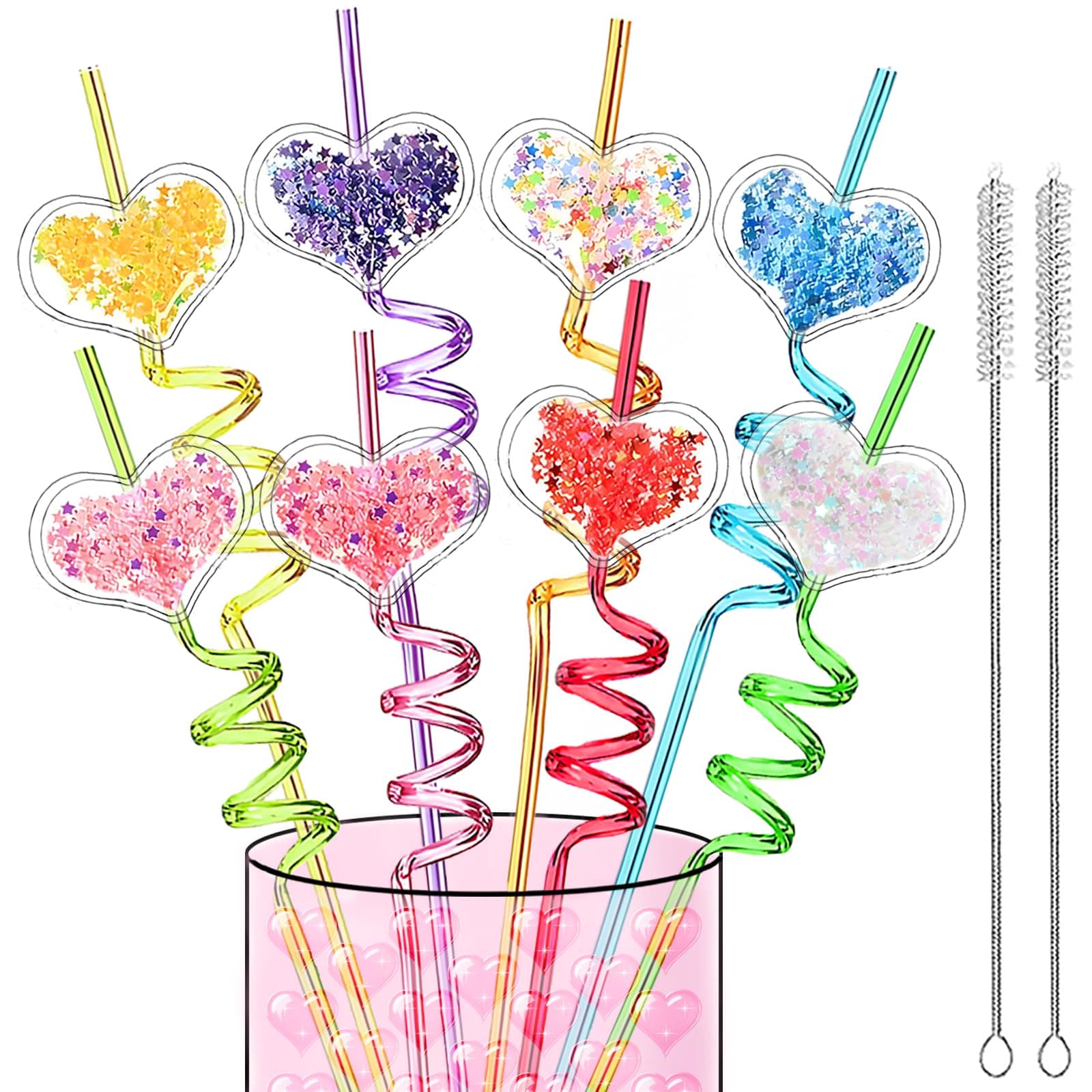 24 PCS Valentine’s Day Party Supplies Decorations Glitter Heart Straws- Cute Crazy Reusable Sparkly Drinking Plastic Straws for Galentine's Day V-Day Bridal Shower Wedding Birthday Party Favors Decor