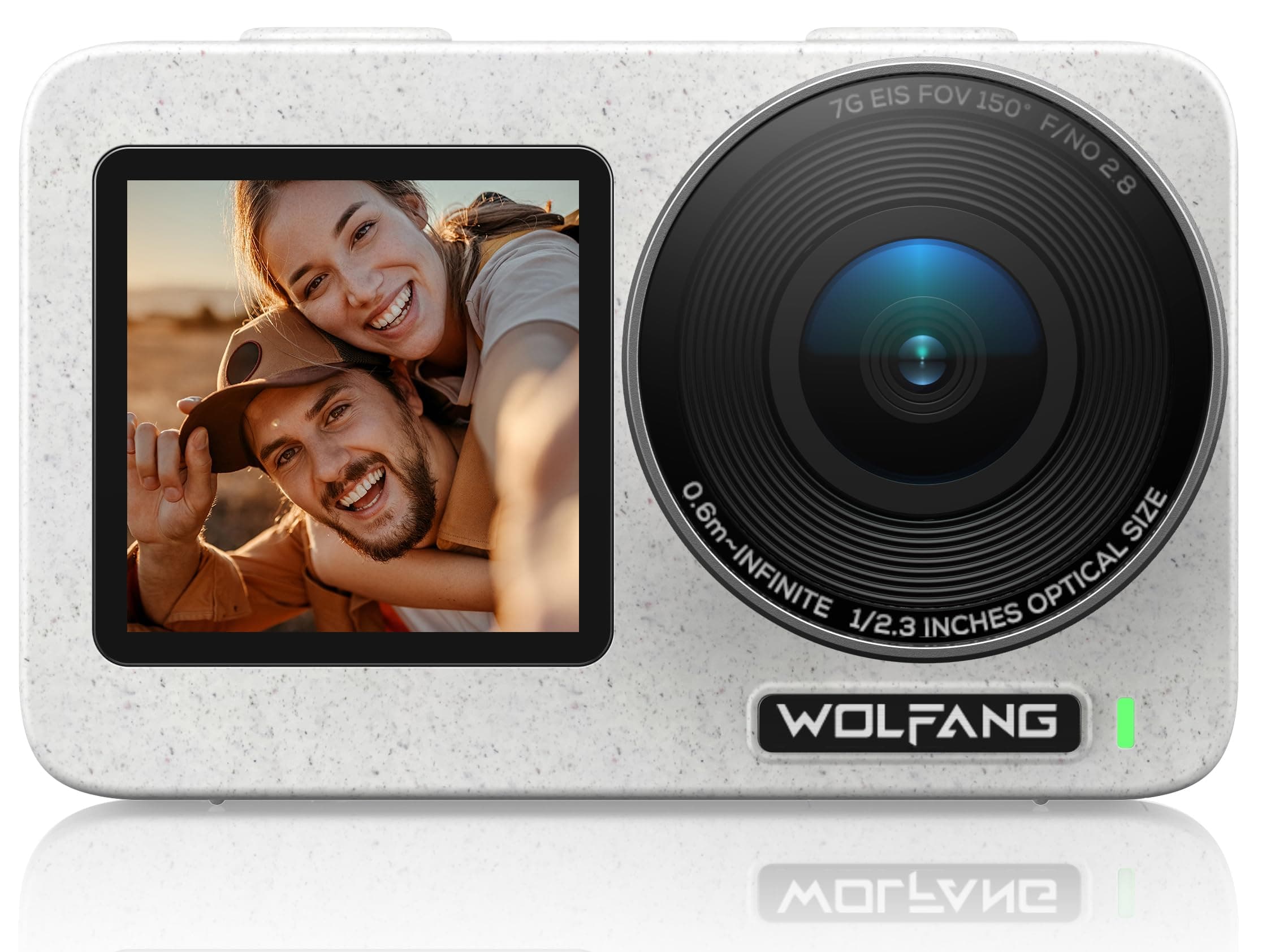 WOLFANG Seeker One White - wasserdichte Action-Kamera mit 4K60 Ultra HD-Video, Dual-Screen-Farbdisplay, 16 Fuß Unterwasserkamera, Live-Streaming, Webcam, Stabilisierung mit GO APE