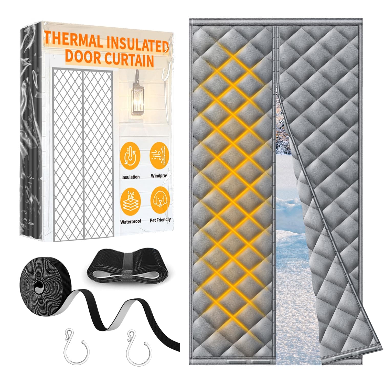 HOFUDON Magnetic Insulated Door Curtain, Clear Window, 32 x 80 Inch, Grey