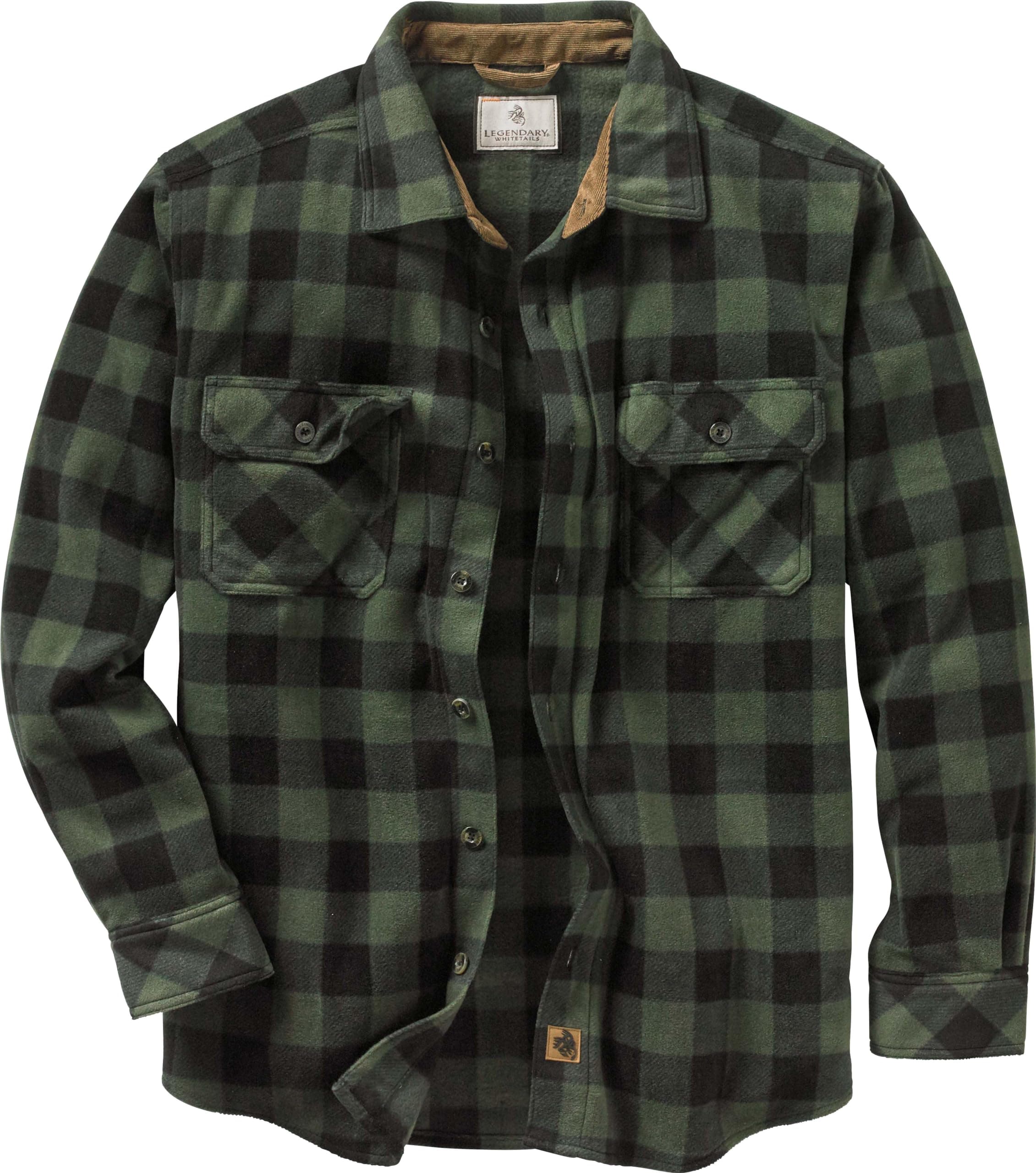 Legendary Whitetails Mens Navigator Fleece Button Down Shirt, Night Forest Plaid Green, X-Large