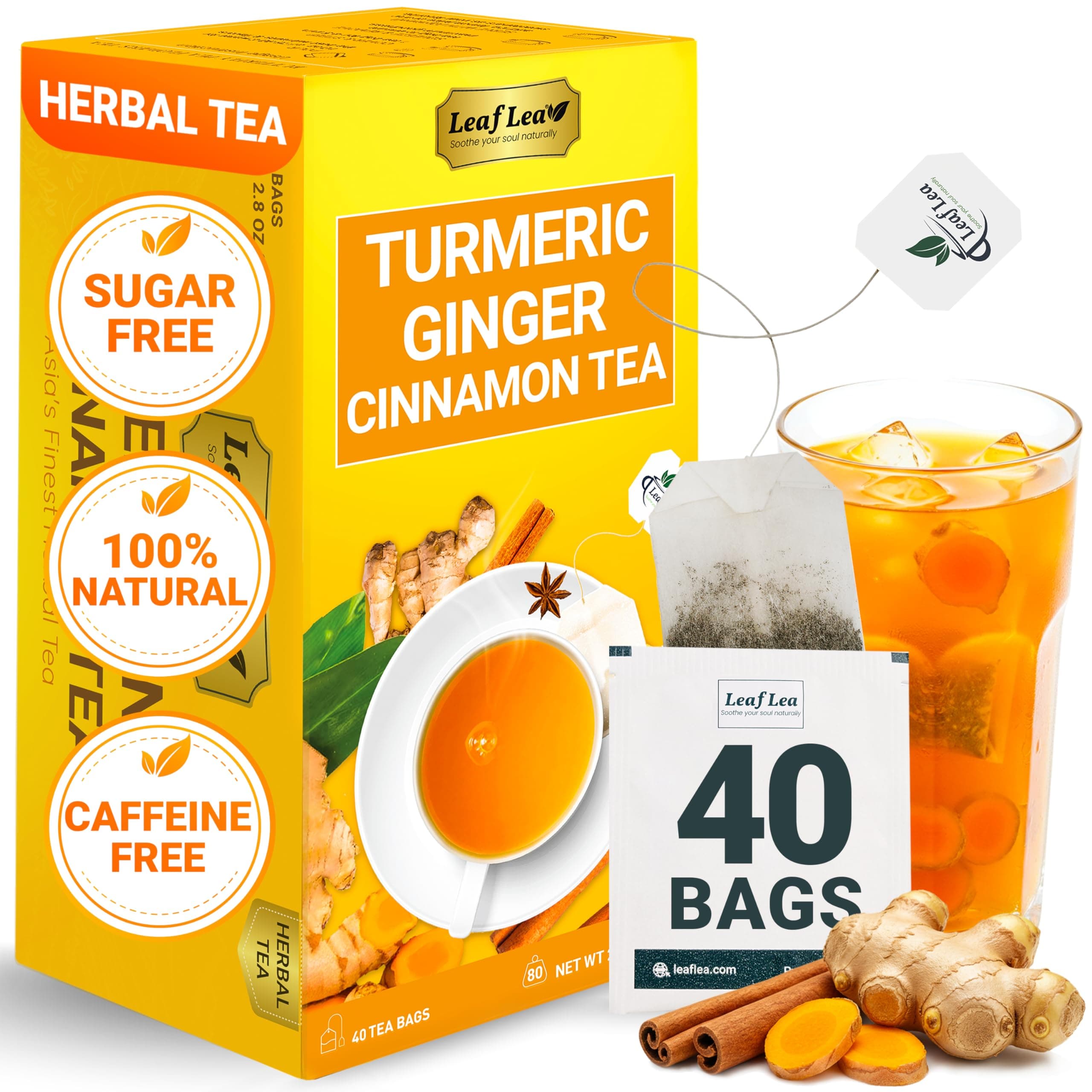 LeafLea Turmeric Ginger Cinnamon Tea Bags, 40 Ct Caffeine-Free Herbal Tea