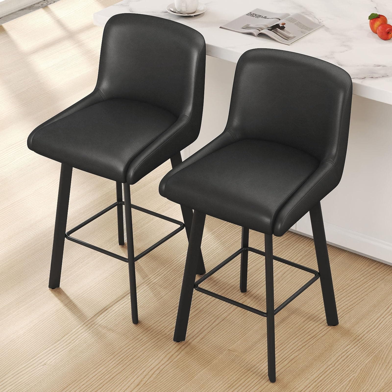 SAECKBERG Swivel Bar Stools, 26''H Upholstered Barstools with Backs, Modern Counter Height Bar Stool Chairs for Kitchen Island, Metal Legs (Black- Faux Leather, Set of 2-26" H)