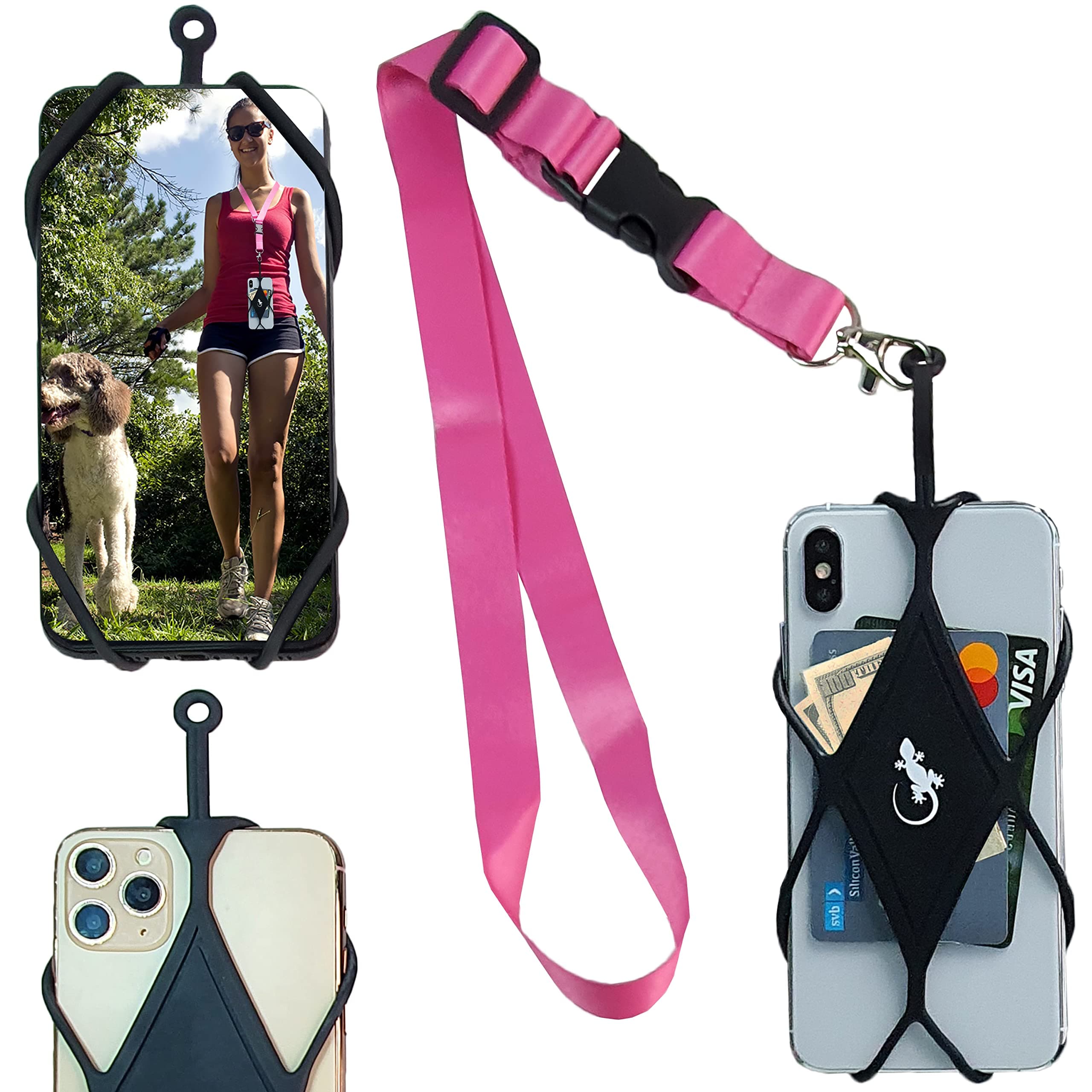 Cell Phone Holder for Walking with Universal Lanyard Phone Case for most Smartphones by Gecko Travel Tech (PINK Neck - BLACK Diamond)