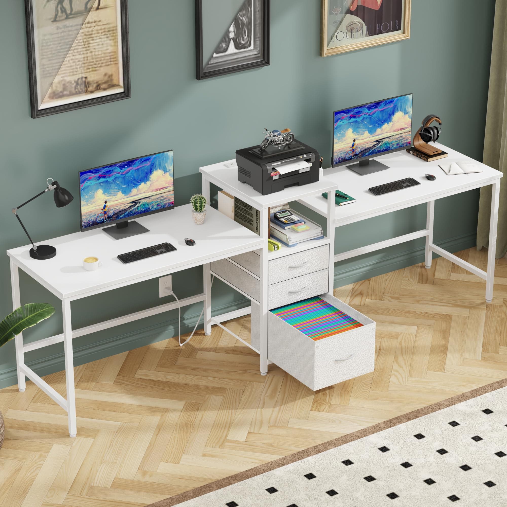GYIIYUO 93'' Two Person Desk with Charging Station & 3 Drawer