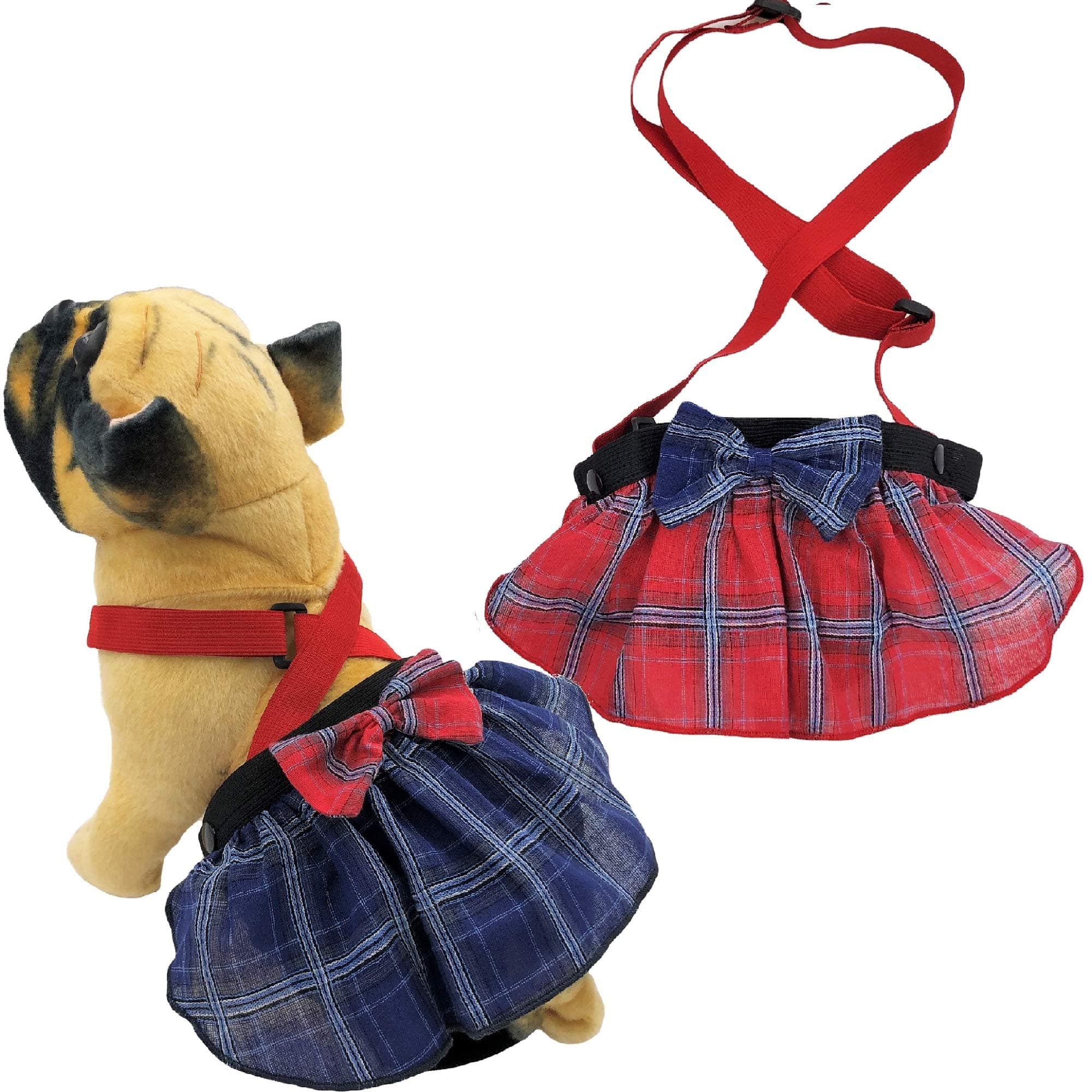FUNNYDOGCLOTHES Pack of 2 Dog Skirt Female Diapers with Suspenders for Small and Large Pet 100% Cotton Plaid Tartan Blue Red (XL/XXL Waist 22 "- 32")