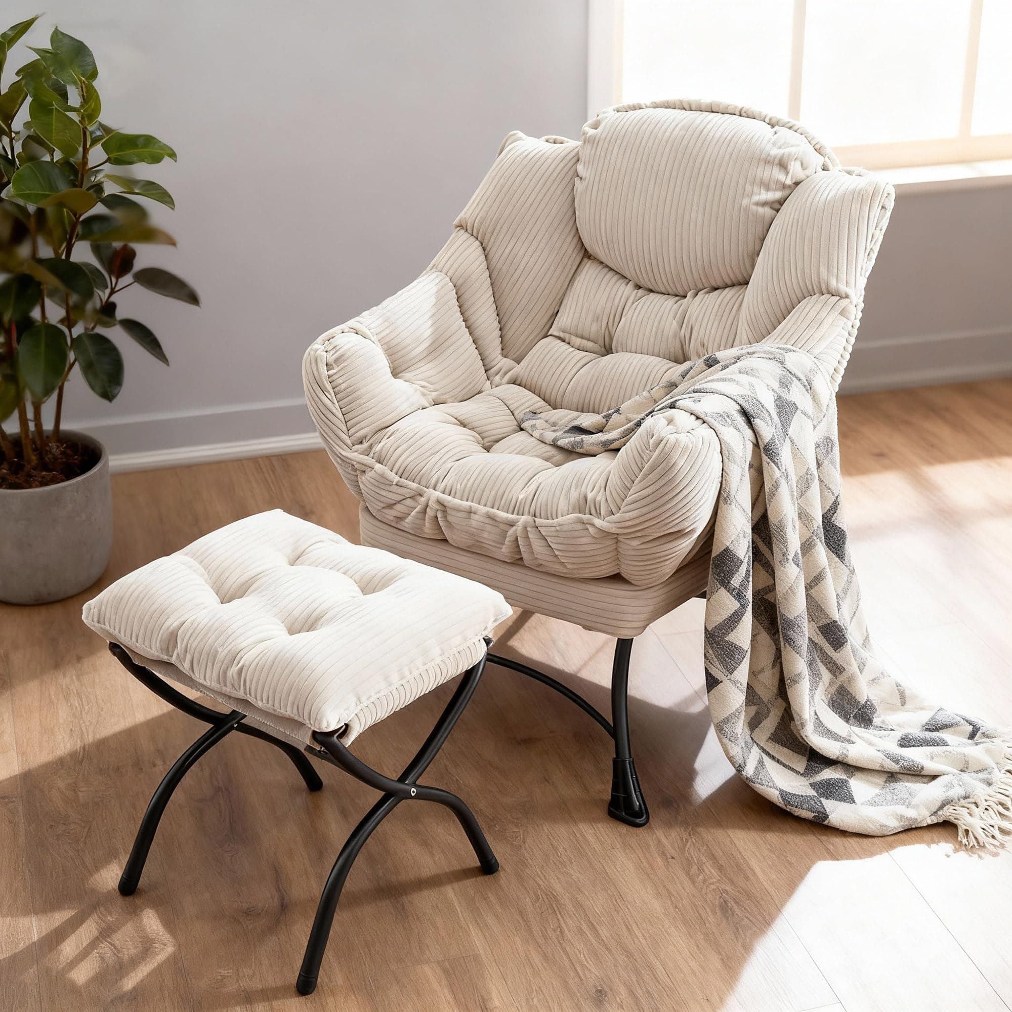 OSGMMOSG Lazy Chair with Ottoman - Oversized Lounge Chair for Living Room, Comfy Thick Cushion Accent Chair with Footrest, Reading Chair for Bedroom, Supportive Backrest, Soft Fabric